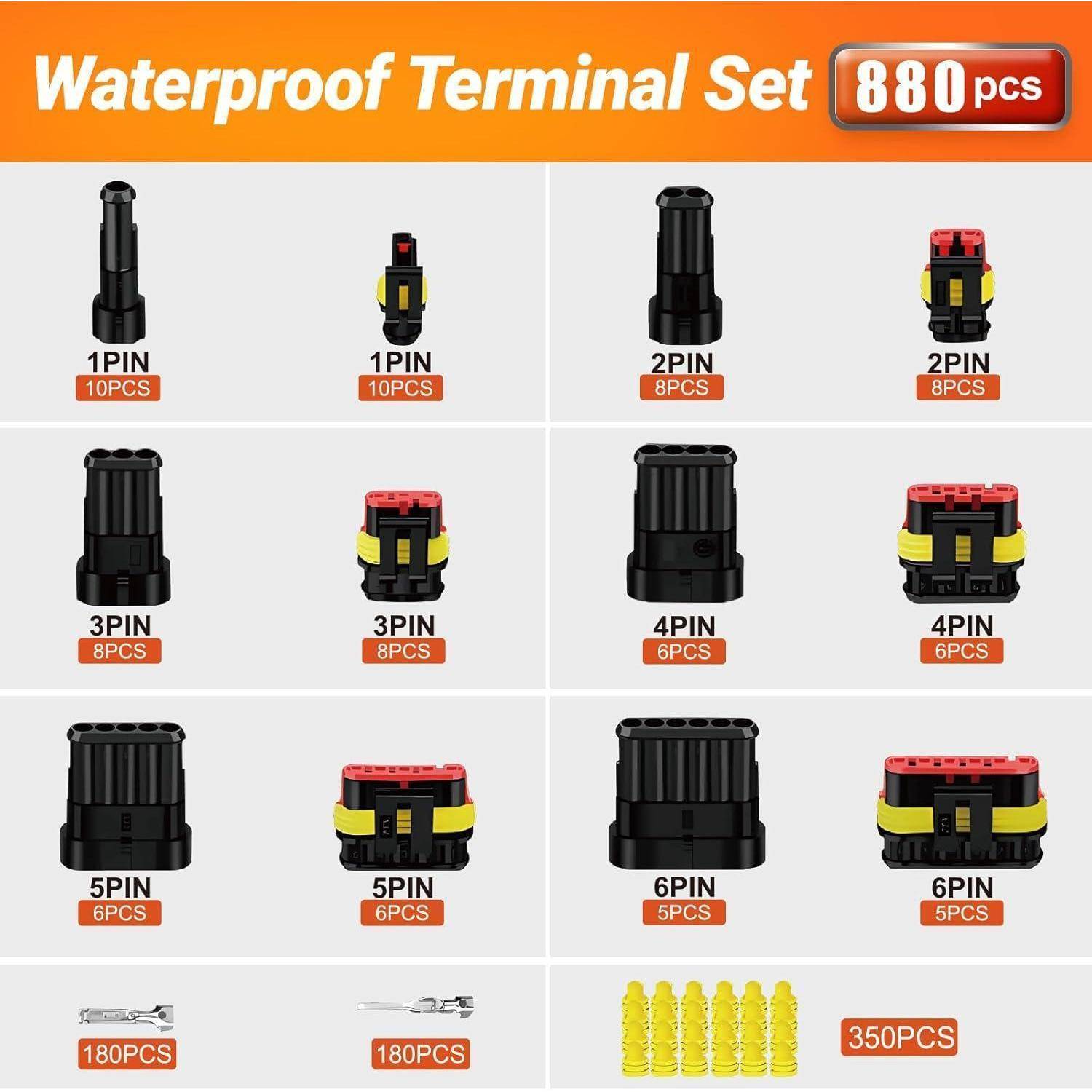 Wasserdichtes Terminals-Set 880 Stück mit verschiedenen Steckverbindern, einschließlich 1-polig bis 6-polig. Jeder Typ ist mit seiner entsprechenden Menge dargestellt.