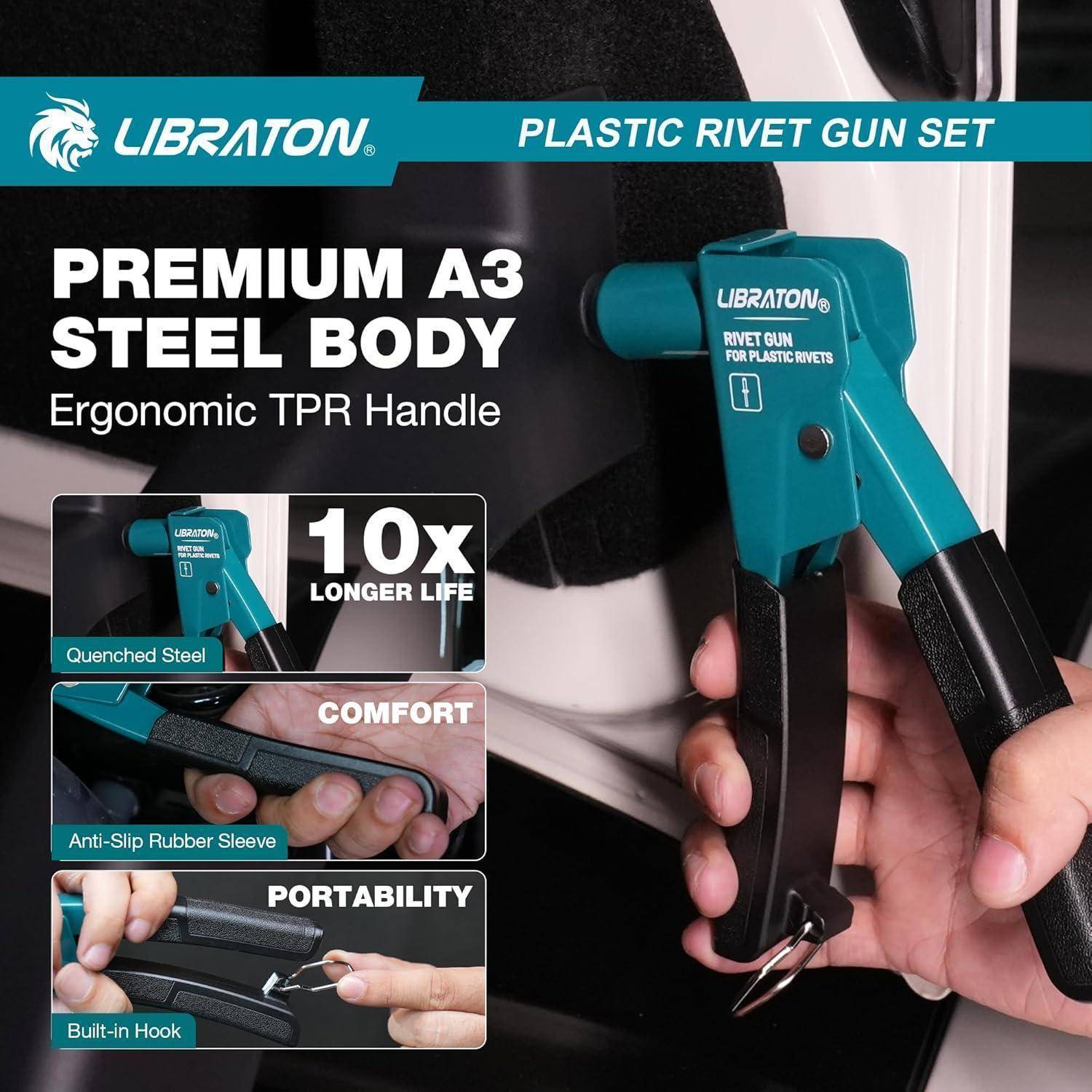Eine blaue Nietkraftpistole der Marke 'Libraton' mit ergonomischen Designmerkmalen für Komfort und Langlebigkeit, hervorgehoben mit Darstellungen der Benutzerhandhabung und Werkzeugfunktionen.