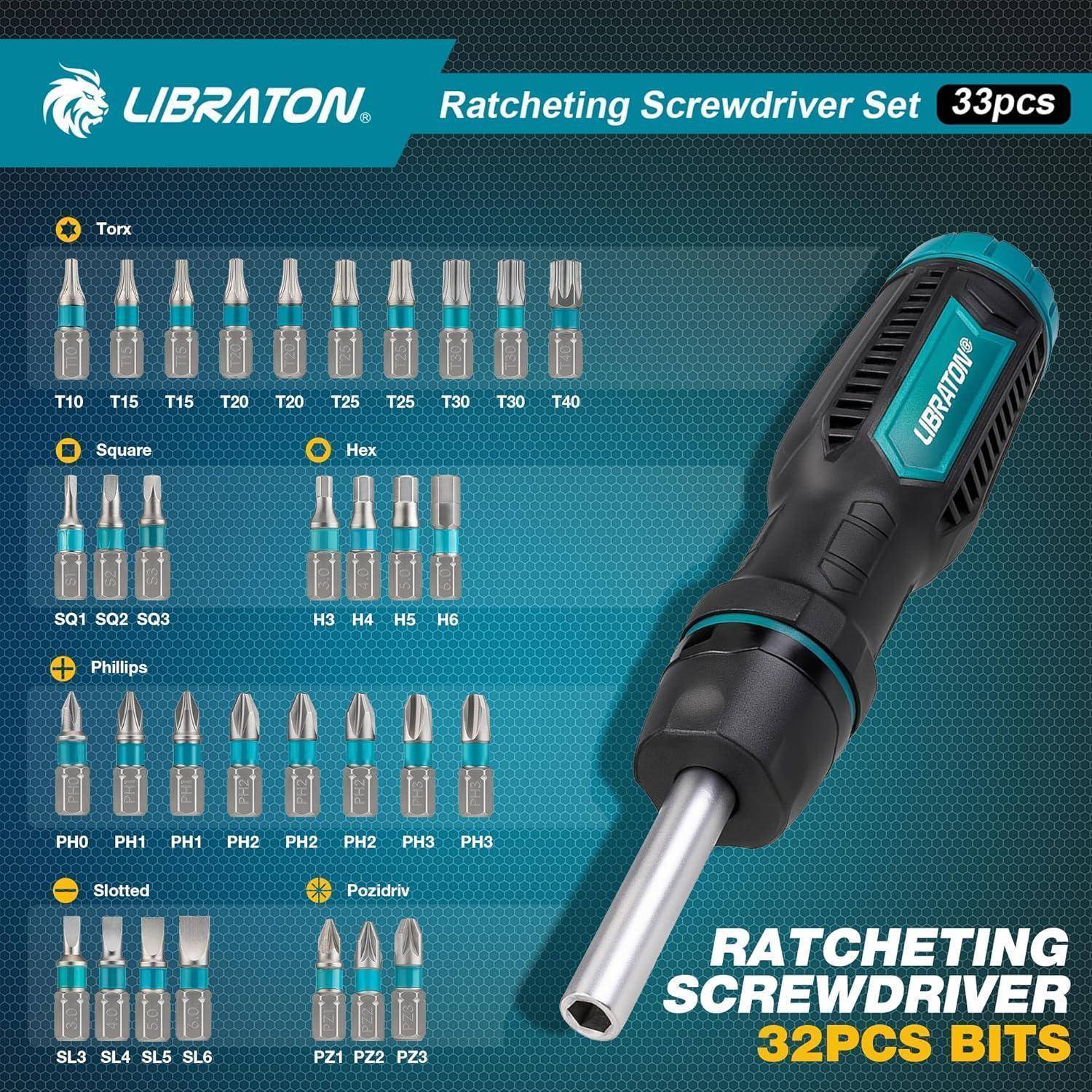 Libraton Ratschenschraubendreher-Set mit 32 verschiedenen Bits, einschließlich Torx, Quadrat, Sechskant, Kreuzschlitz, Schlitz und Pozidriv.