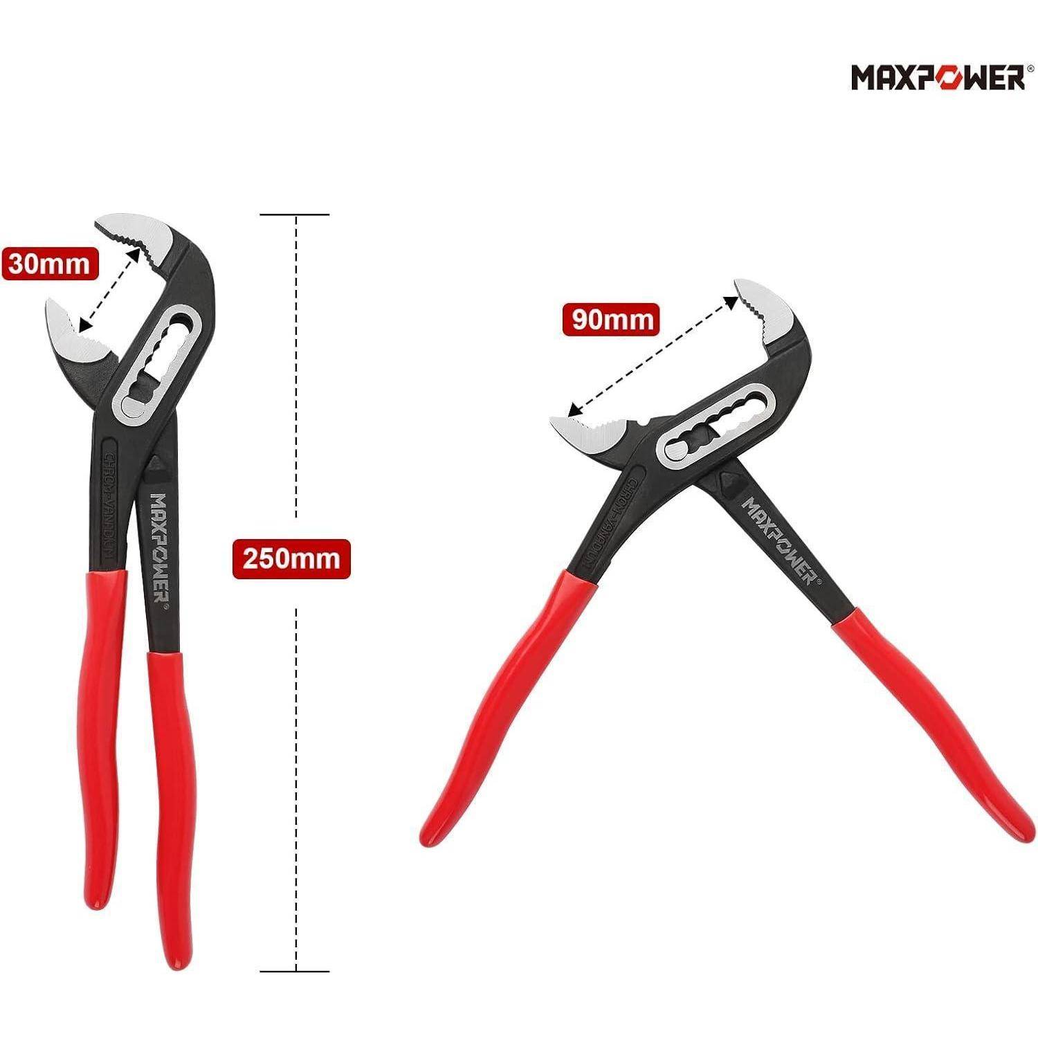 Zwei schwarze und rote Maxpower-Zangen werden gezeigt. Eine hat einen 30-mm-Backen und 250 mm Länge, die andere hat einen 90-mm-Backen.