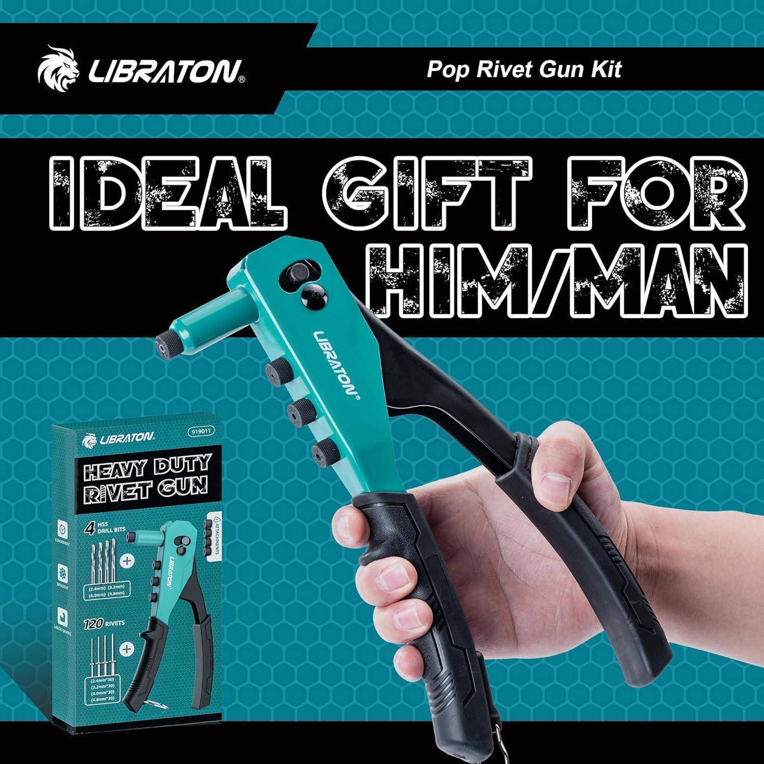 Eine Hand hält einen türkisfarbenen Nietensetzer mit dem Text ‚Ideales Geschenk für Ihn/Mann' und eine Schachtel mit ‚Schwerlast-Nietensetzer' mit 40 Nieten.