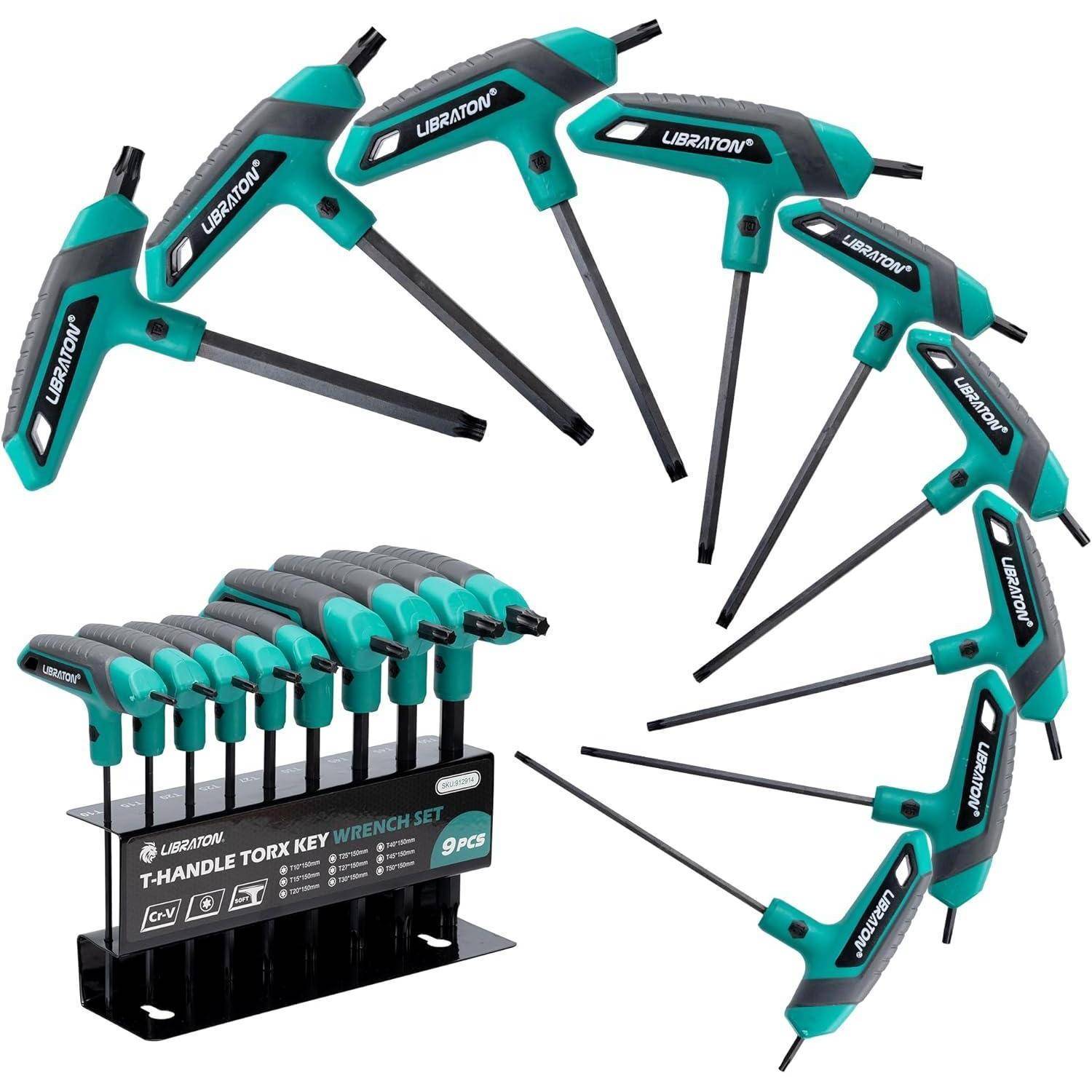 Eine Präsentation eines '9-teiligen T-Griff Torx-Schlüssel-Sets' mit verschiedenen Größen, um einen Metallständer angeordnet, wobei die Marke 'Libraon' präsentiert wird.