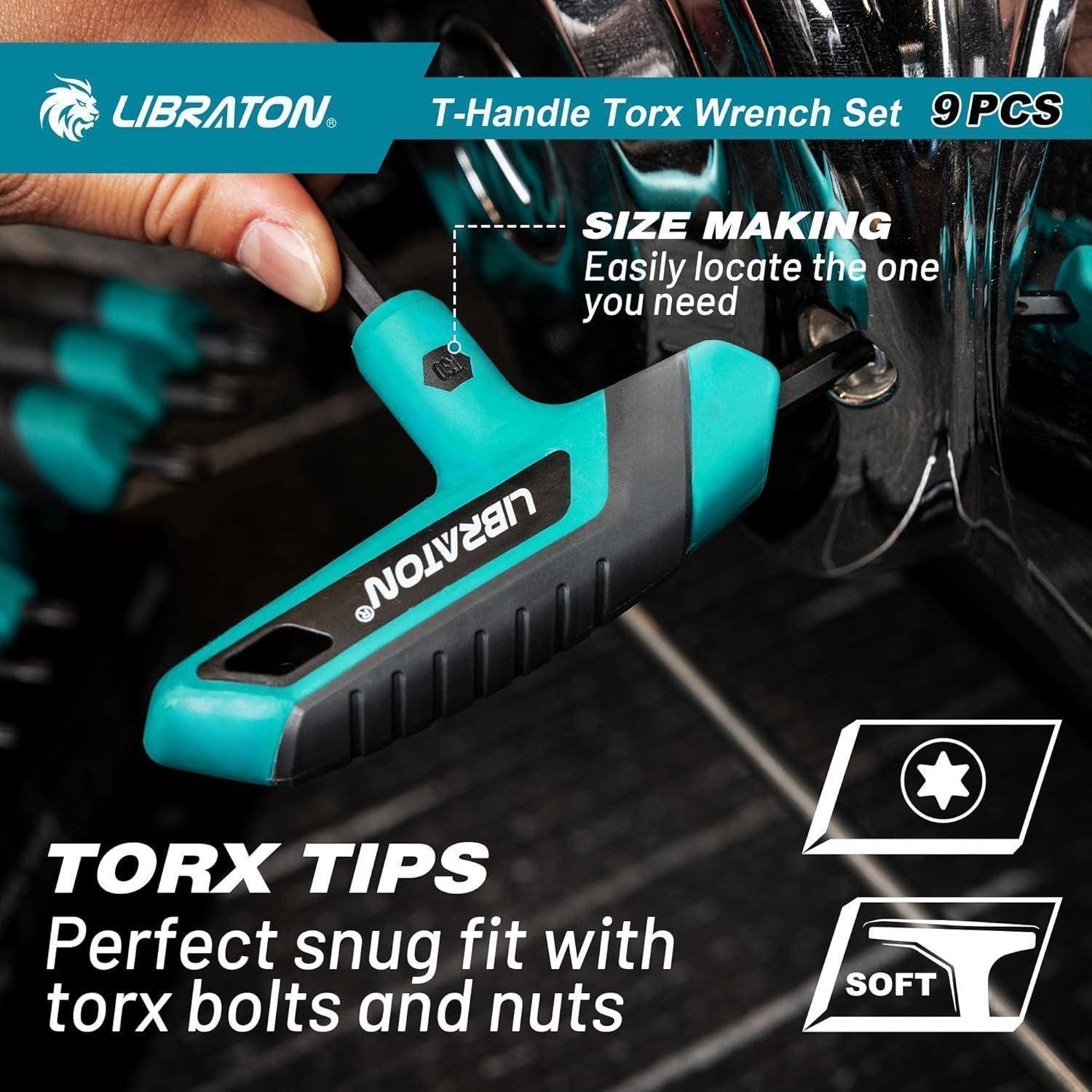 T-Griff Torx-Schlüsselsatz, 9-teilig. Bietet eine perfekte Passform für Torx-Schrauben und -Muttern. Enthält Größenmarkierungen zur einfachen Identifikation.