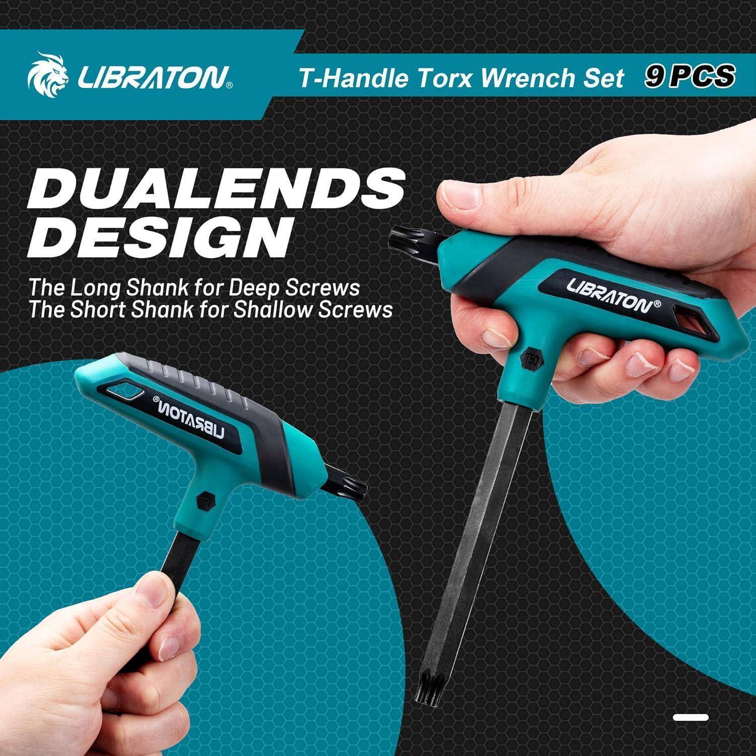 Libraton T-Griff-Torx-Schraubendreher-Set, 9-teilig. Doppelenddesign für tiefe und flache Schrauben mit Abbildungen von Werkzeugen mit langen und kurzen Schaftlängen.
