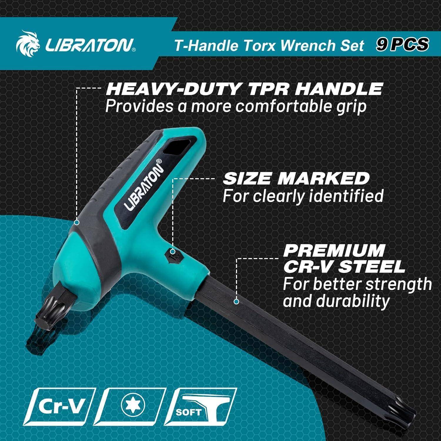Torx-Schraubendreher-Set Bild mit Merkmalen: 'Robuster TPR-Griff für Komfort,' 'Größe zur Übersicht gekennzeichnet,' 'Premium Cr-V-Stahl für Festigkeit.