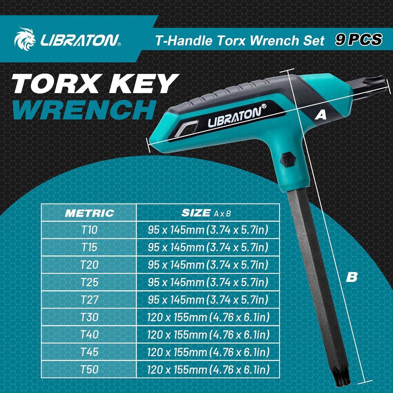 T-Griff Torx-Schlüsselsatz, 9-teilig, in Petrol und Schwarz, mit Größen von T10 bis T50, Längen von 145 mm bis 150 mm.