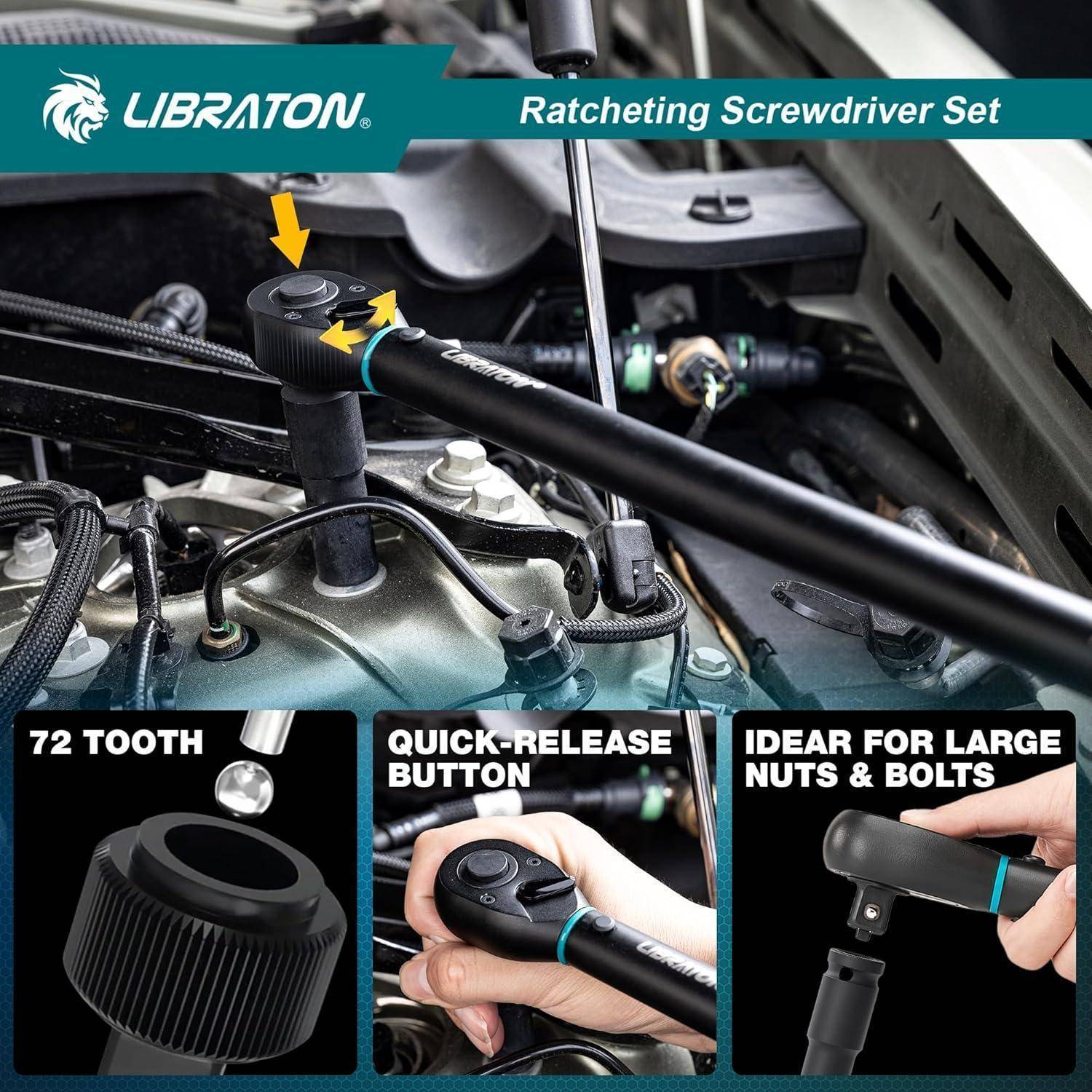 LIBRATON Ratschenschraubendreher-Set für Motorenreparatur. Eigenschaften: 72-Zahn-Mechanismus, Schnellauslösetaste, ideal für große Muttern und Schrauben.