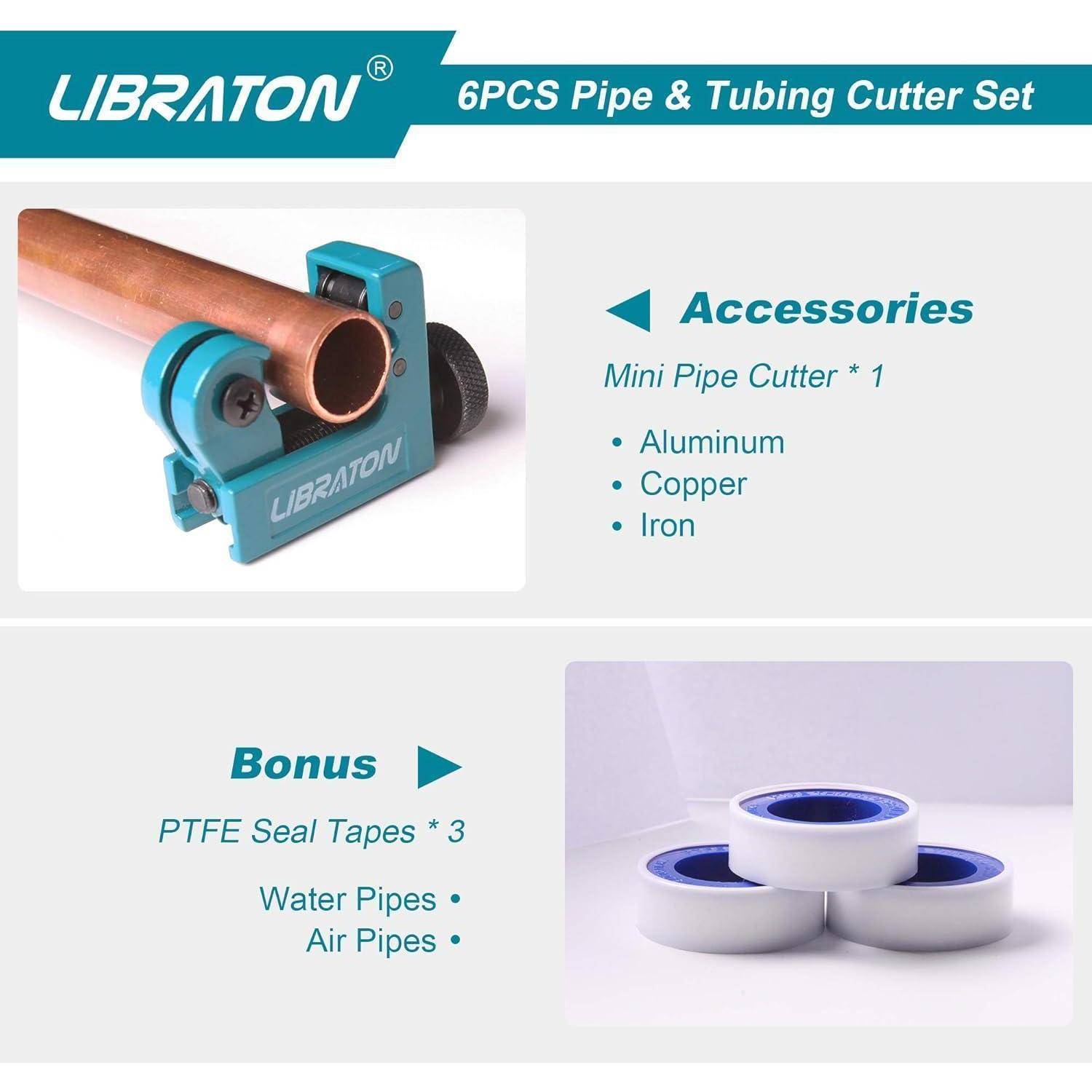 Libraton 6-teiliges Rohr- & Rohrschneider-Set' umfasst einen Mini-Rohschneider für Aluminium, Kupfer, Eisen und drei PTFE-Dichtbänder für Wasser- und Luftleitungen.