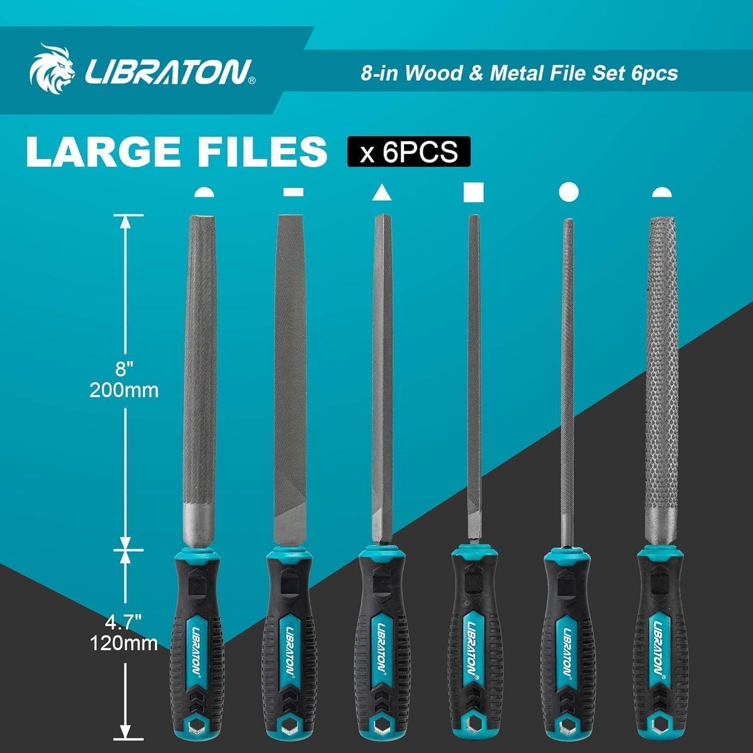 Libraton 8-in Holz & Metall Feilen-Set 6-tlg. Abbildung zeigt sechs Feilen mit unterschiedlichen Formen und Größen, jede mit blauen Griffen. Maße: 8 Zoll und 200 mm.