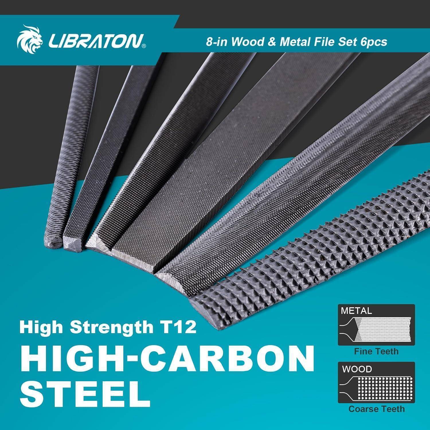 LIBRATON 8-teiliges Holz & Metall Feilen-Set 6-tlg. aus hochfestem T12 Kohlenstoffstahl, das verschiedene Feiletypen für Metall und Holz präsentiert.