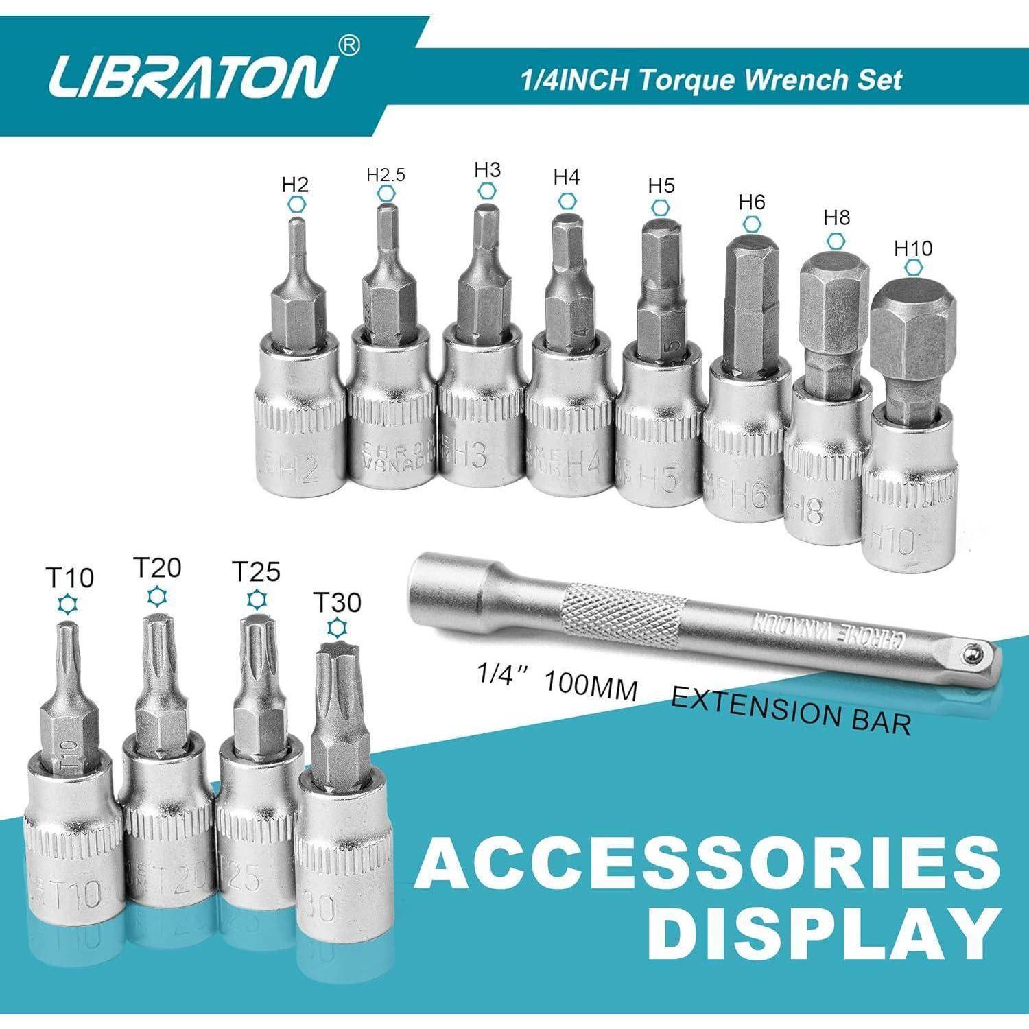 Drehmomentschlüssel-Set mit verschiedenen Sechskant- und Torx-Bits und einer 1/4-Zoll-Verlängerungsstange. Marke ist Libraton. Zubehör im Lieferumfang enthalten.
