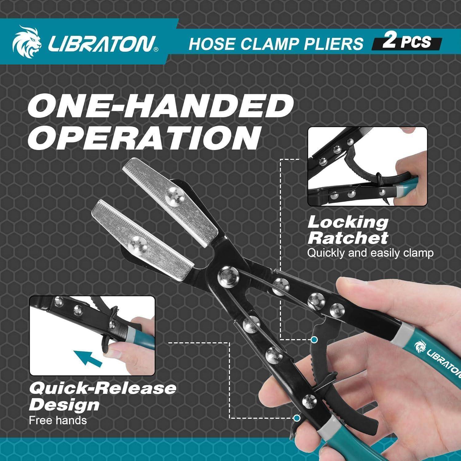 Schlauchschellen-Zange mit Einhand-Bedienung, verriegelbarem Ratschenmechanismus und Schnellverschluss-Design. Inkludiert 2 Stück von Libraton.