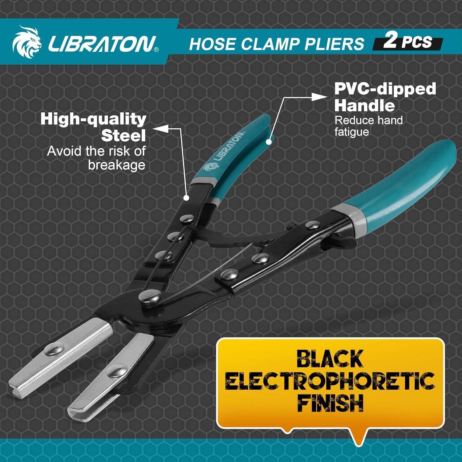 Schlauchschelle-Zange mit PVC-ummanteltem Griff zur Reduzierung von Handfermüdung, hergestellt aus hochwertigem Stahl, um Brüche zu vermeiden, mit schwarzer elektrophoretischer Beschichtung.