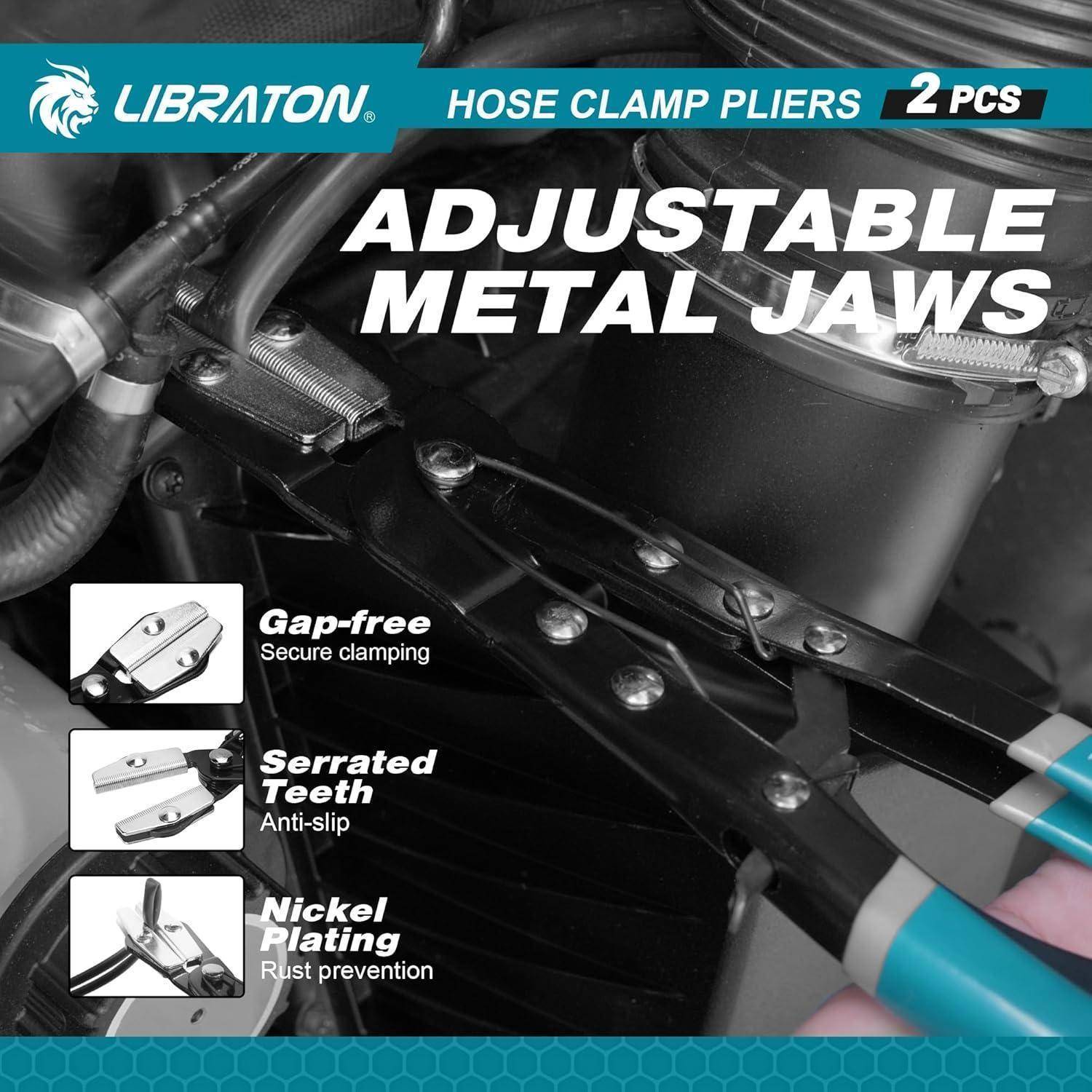 Verstellbare Metallklemmen-Zange mit Schlauchklemmen, ausgestattet mit: lückenlosem sicherem Festklemmen, gezahnten Greifbacken für rutschfeste Verbindung und Vernicklung zum Rostschutz.