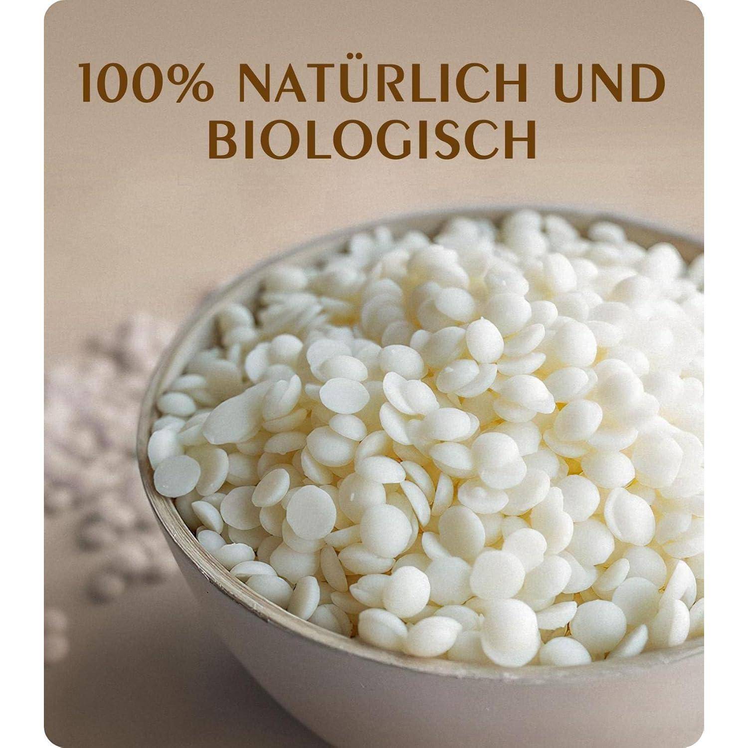 Eine Schüssel gefüllt mit kleinen weißen Wachsperlen. Der Text darüber liest sich „100% natürlich und biologisch