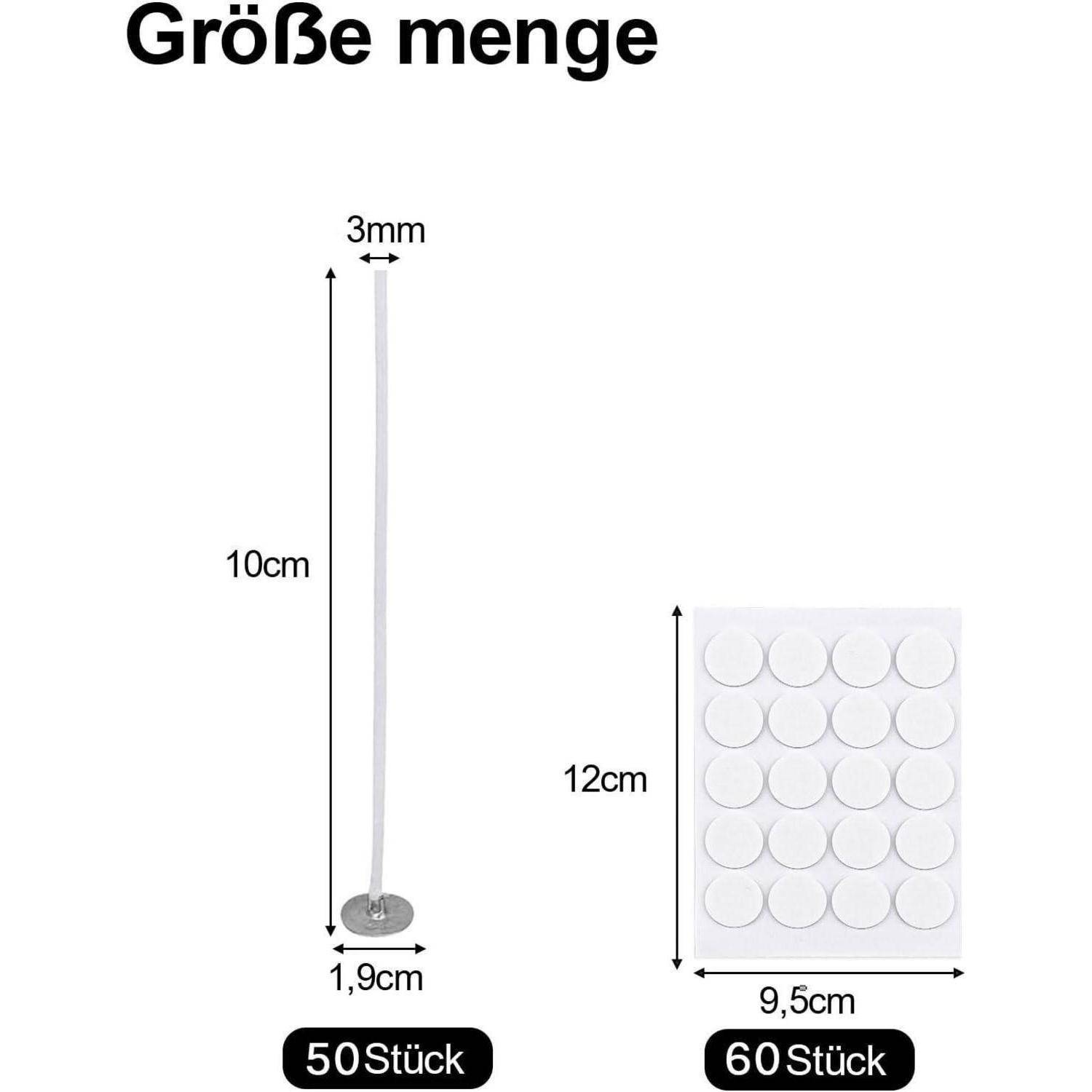 Die 'Größe menge' zeigt die Abmessungen von zwei Artikeln: einen 10 cm langen Stab mit einem Durchmesser von 3 mm und eine 9,5 cm hohe Packung mit 60 runden Stücken bei einer Höhe von 12 cm.