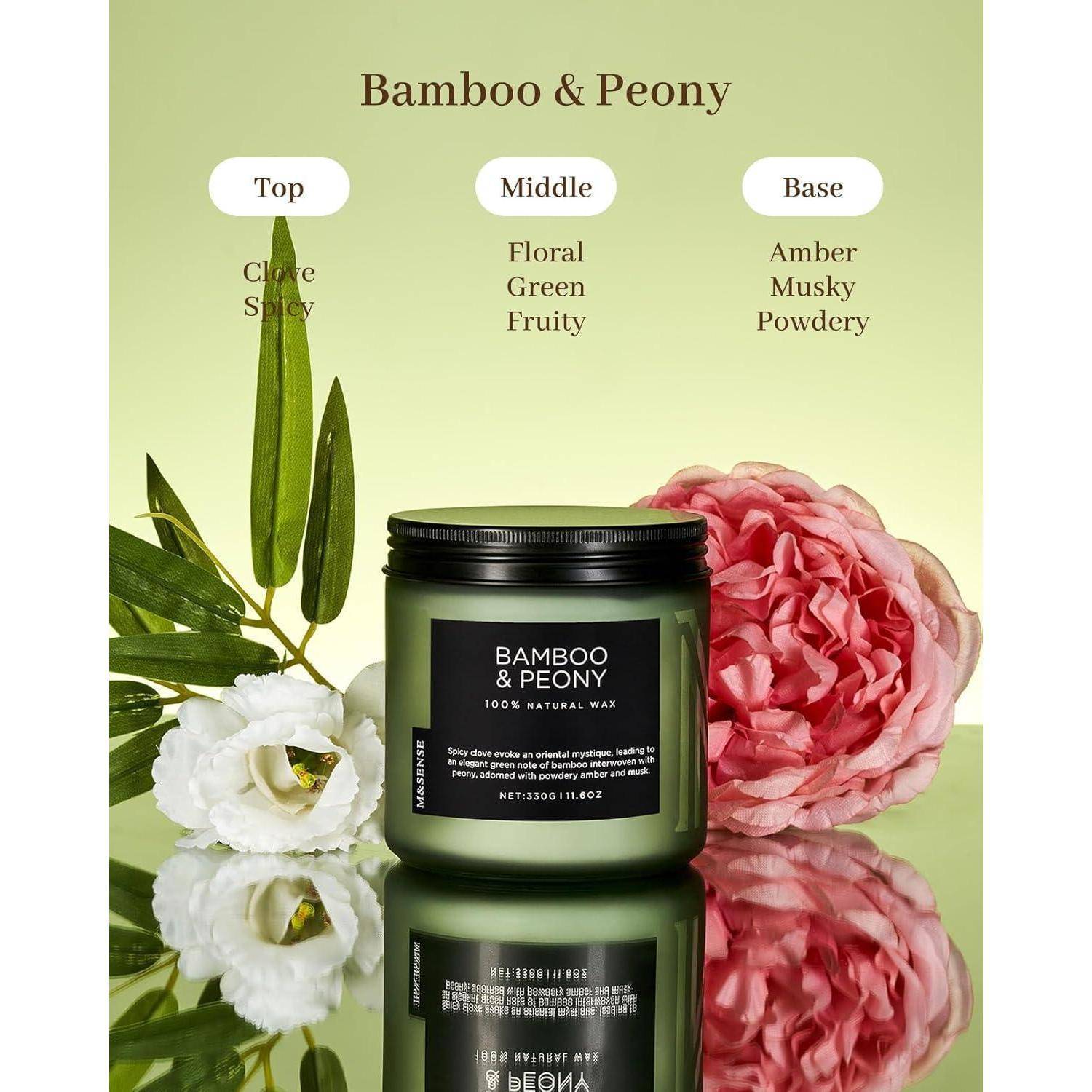 Eine grüne Kerze mit der Aufschrift „Bamboo & Peony