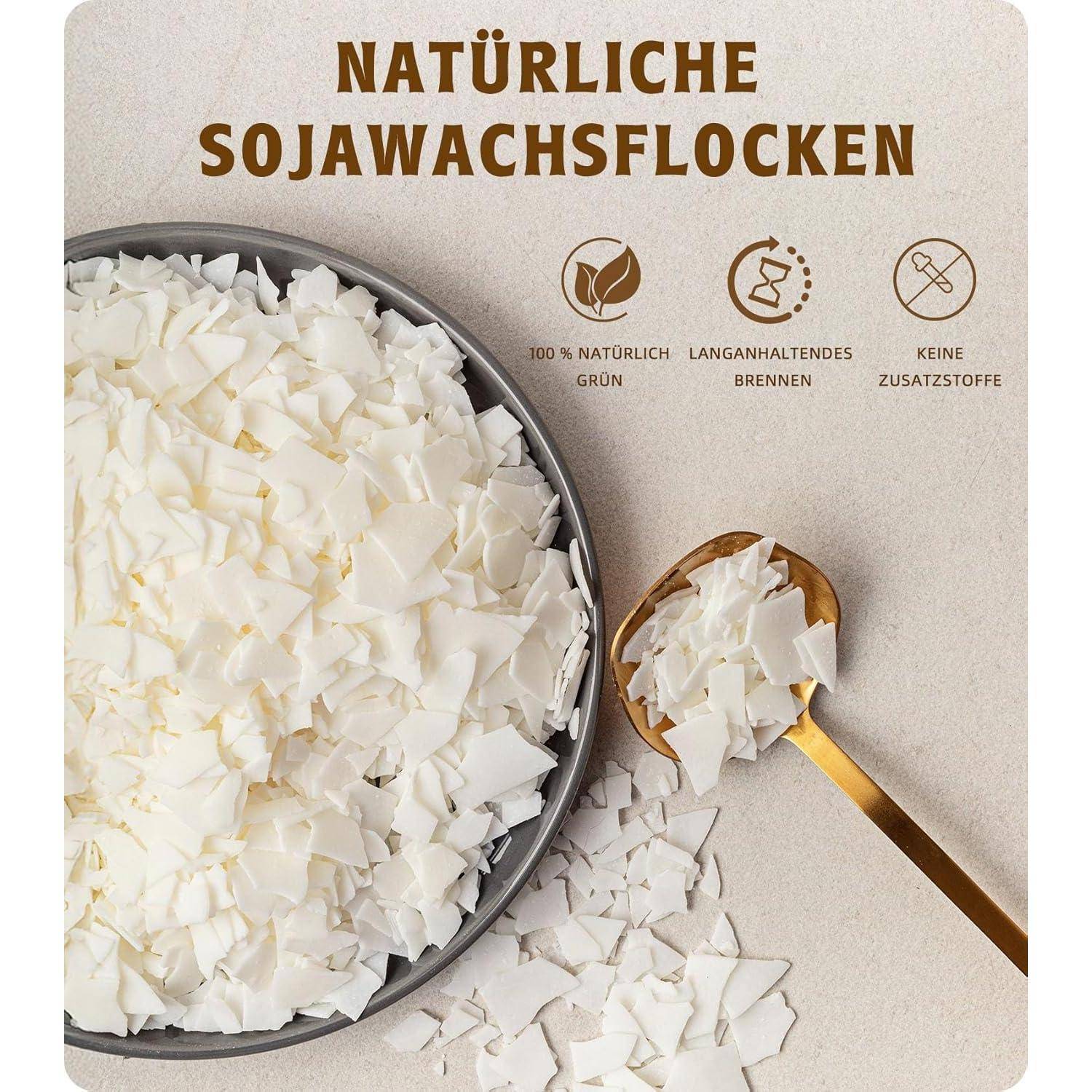 A bowl and spoon with white flakes are shown. Text reads: 'Natürliche Sojawachsflocken: 100% natürlich, grün, langanhaltendes Brennen, keine Zusatzstoffe