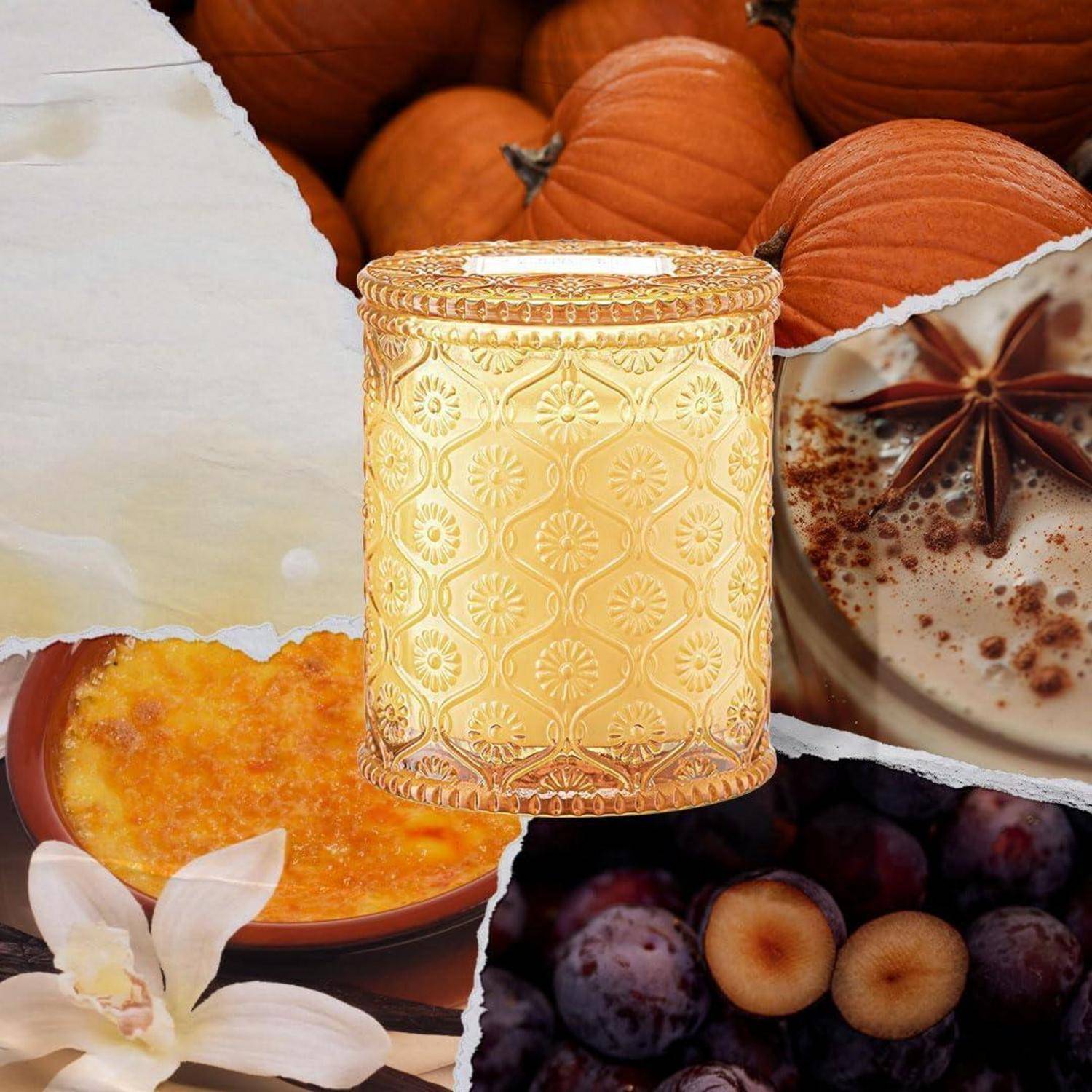 Aromatische Herbst-Collage mit Kürbissen, einer dekorativen Kerze, Crème brûlée, Sternanis im Kaffee und einer Vanilleblume.