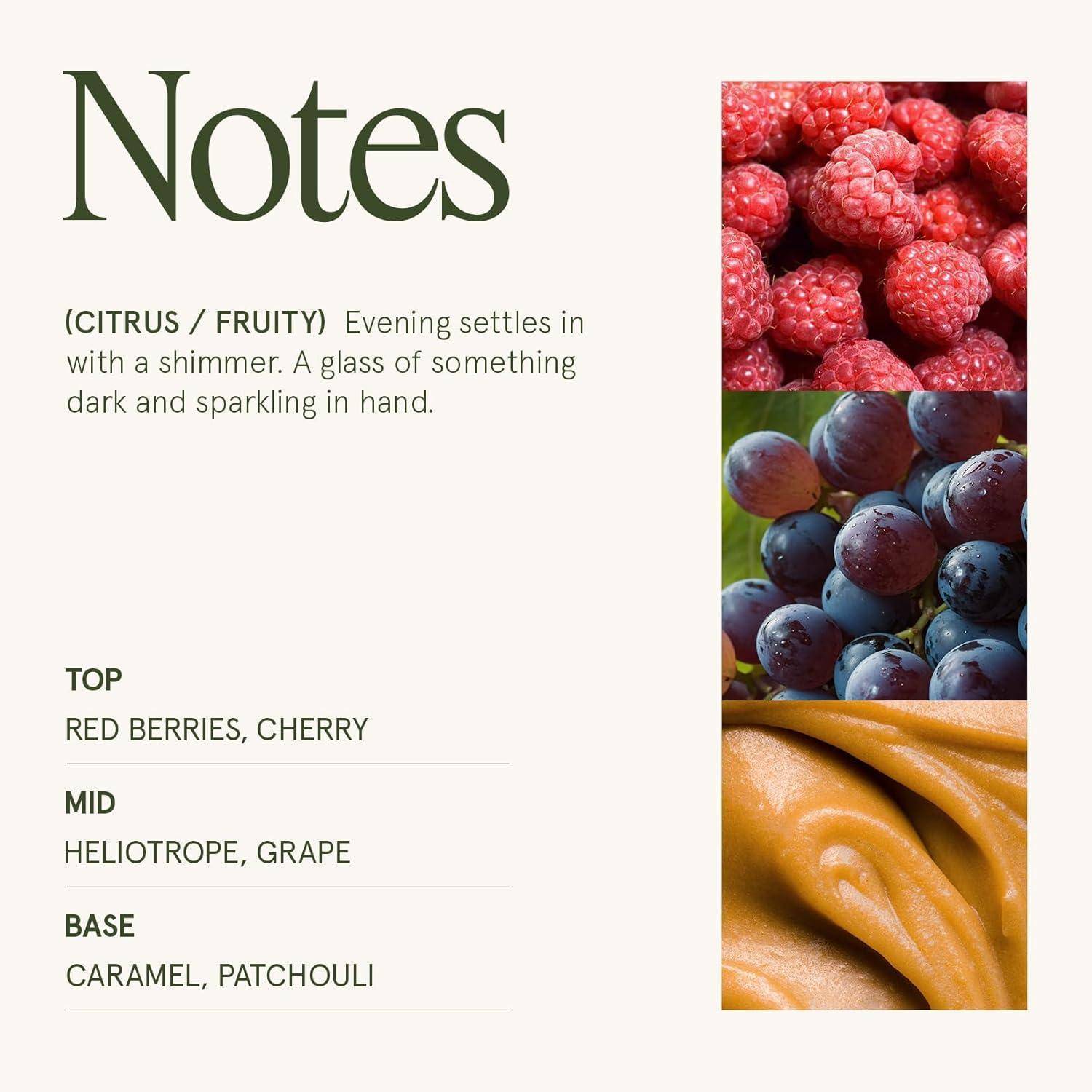 Notizen' mit Bildern von Himbeeren, Trauben und Karamell. Beschreibt Duftnoten: Zitrusschimmer, rote Beeren, Kirsche, Heliotrop, Traube, Karamell, Patschuli.