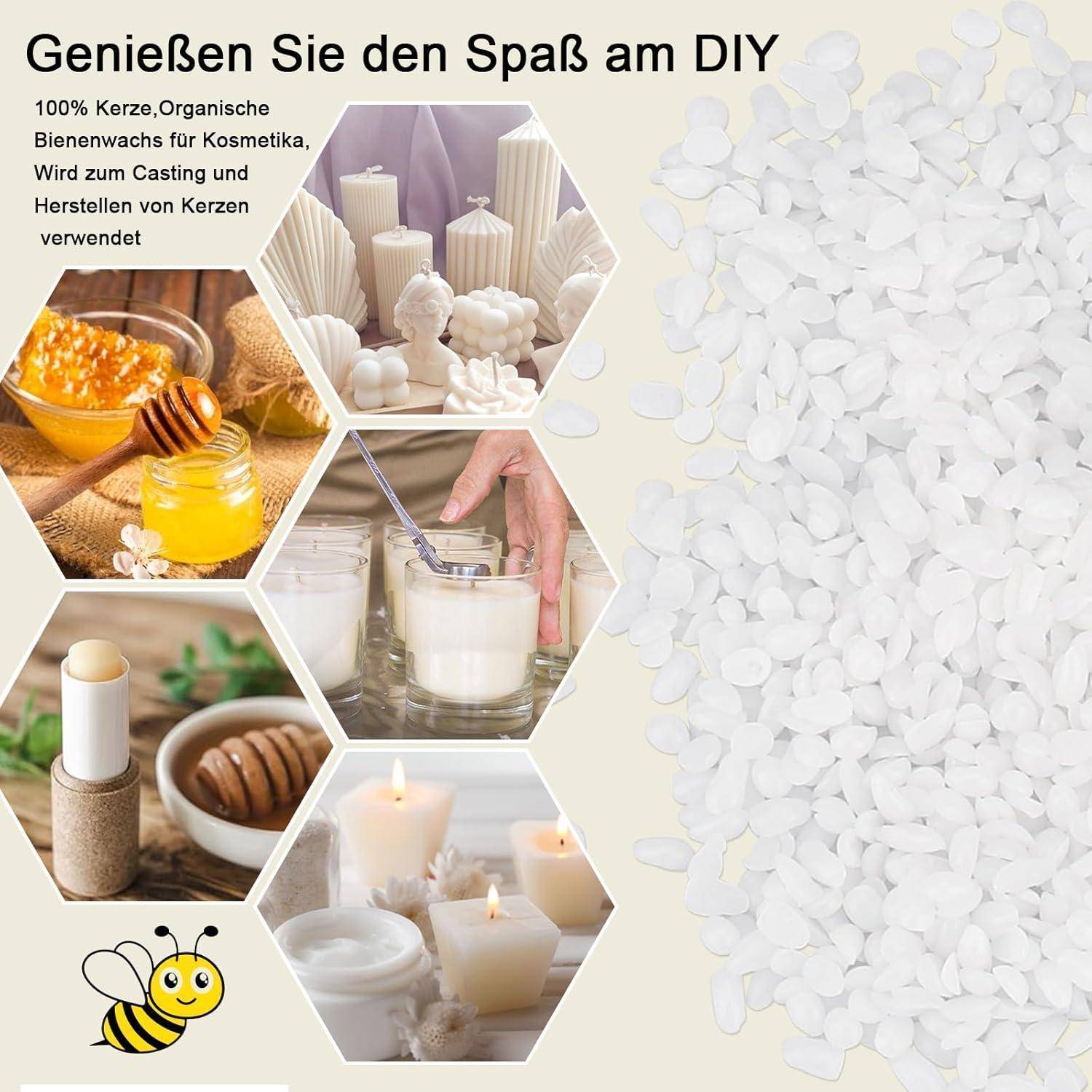 Collage mit DIY-Anwendungen von Bienenwachs: Kerzen, Kosmetik und Gießen. Enthält Bienenwachsperlen und eine lächelnde Bienenillustration.