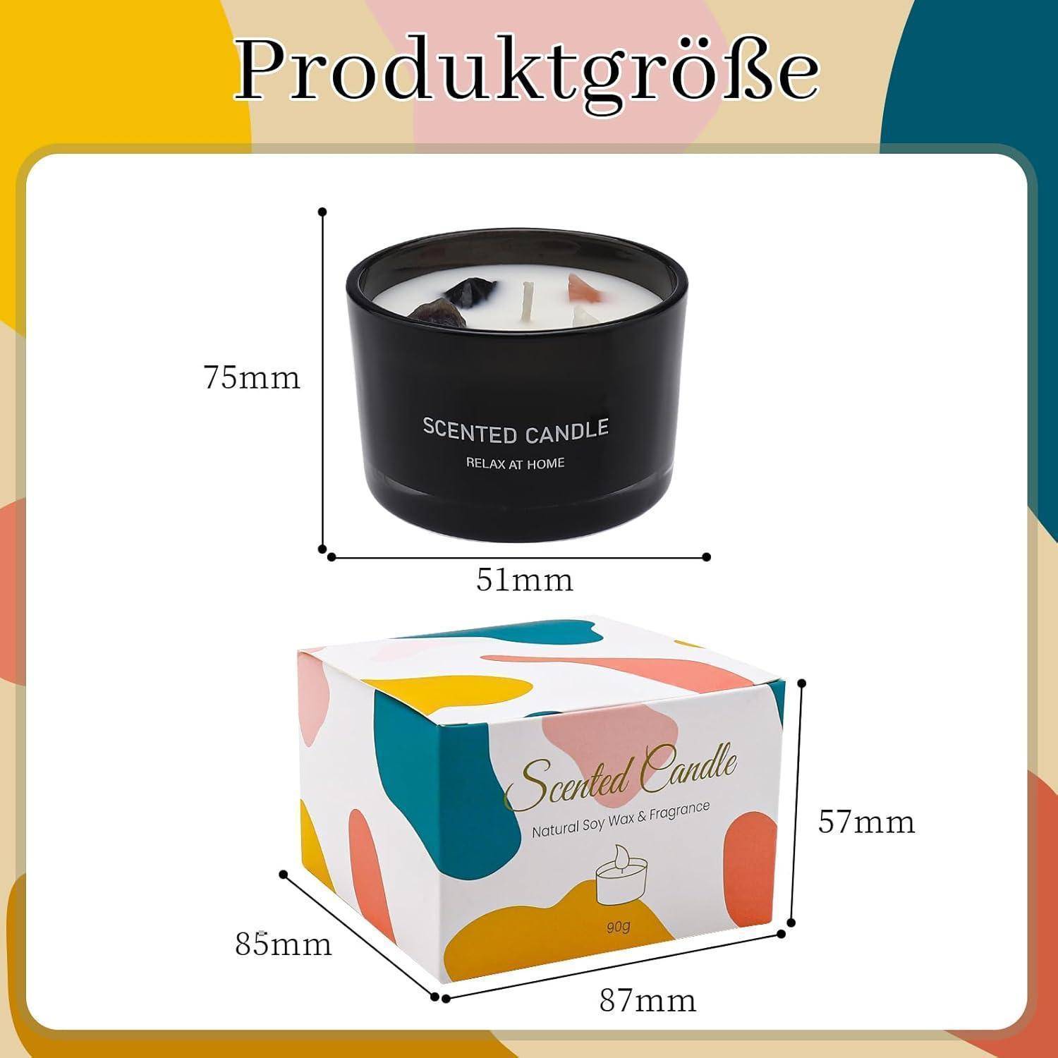 Duftkerze mit Produktabmessungen: Kerzenhöhe 75 mm, Durchmesser 51 mm; Kartonabmessungen 85 mm x 87 mm x 57 mm.