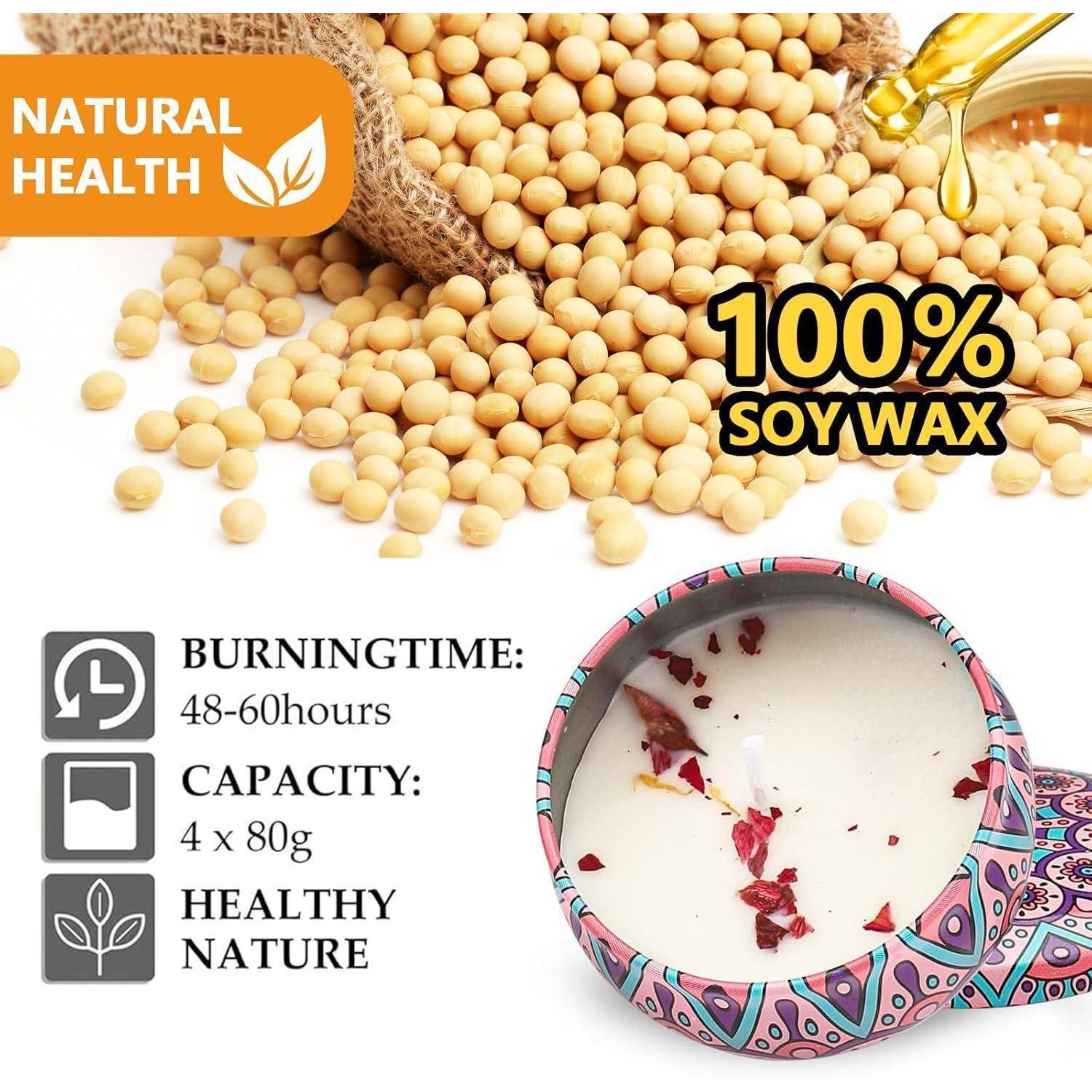 Sojawachskerzen mit getrockneten Blumen, gekennzeichnet als '100% Sojawachs' und 'Natürliche Gesundheit'. Brenndauer: 48-60 Stunden. Inhalt: 4 x 80g.