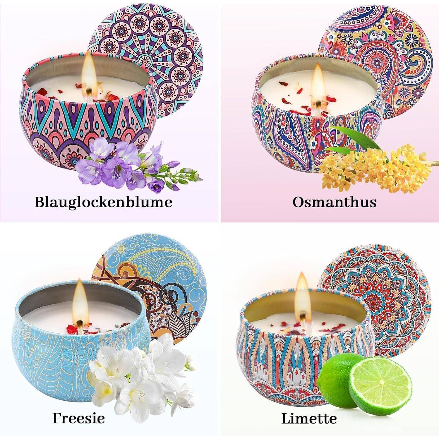 Vier duftende Kerzen in dekorativen Blechdosen mit Blumen: 'Blauglockenblume', 'Osmanthus', 'Freesie', 'Limette', jeweils mit passenden Deckeln.