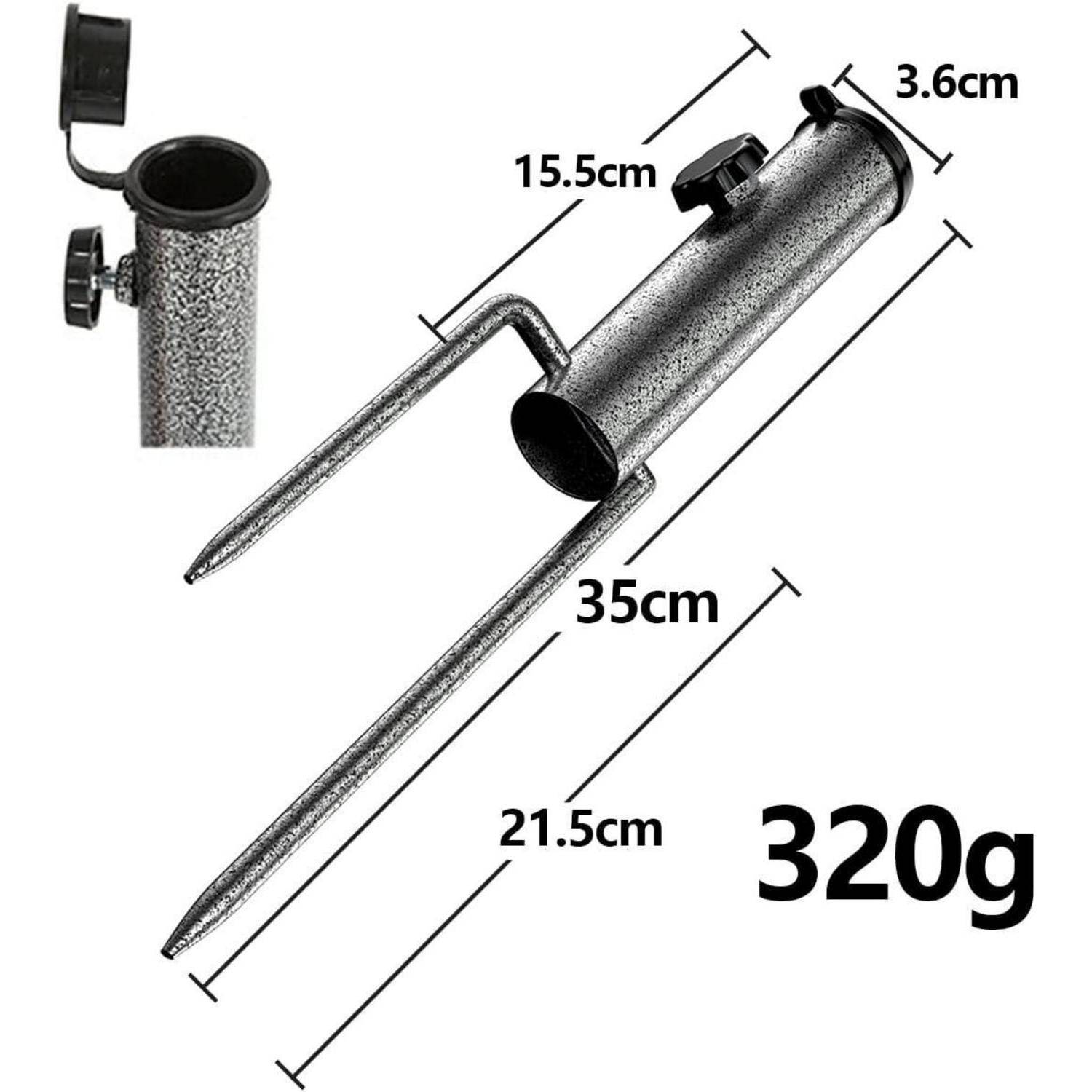 Metallpfahl mit verstellbarer Kappe, 35 cm lang, 3,6 cm breit, mit einem Gewicht von 320 g. Verwendet zum Befestigen von Gegenständen, mit 21,5 cm langen Gabeln.