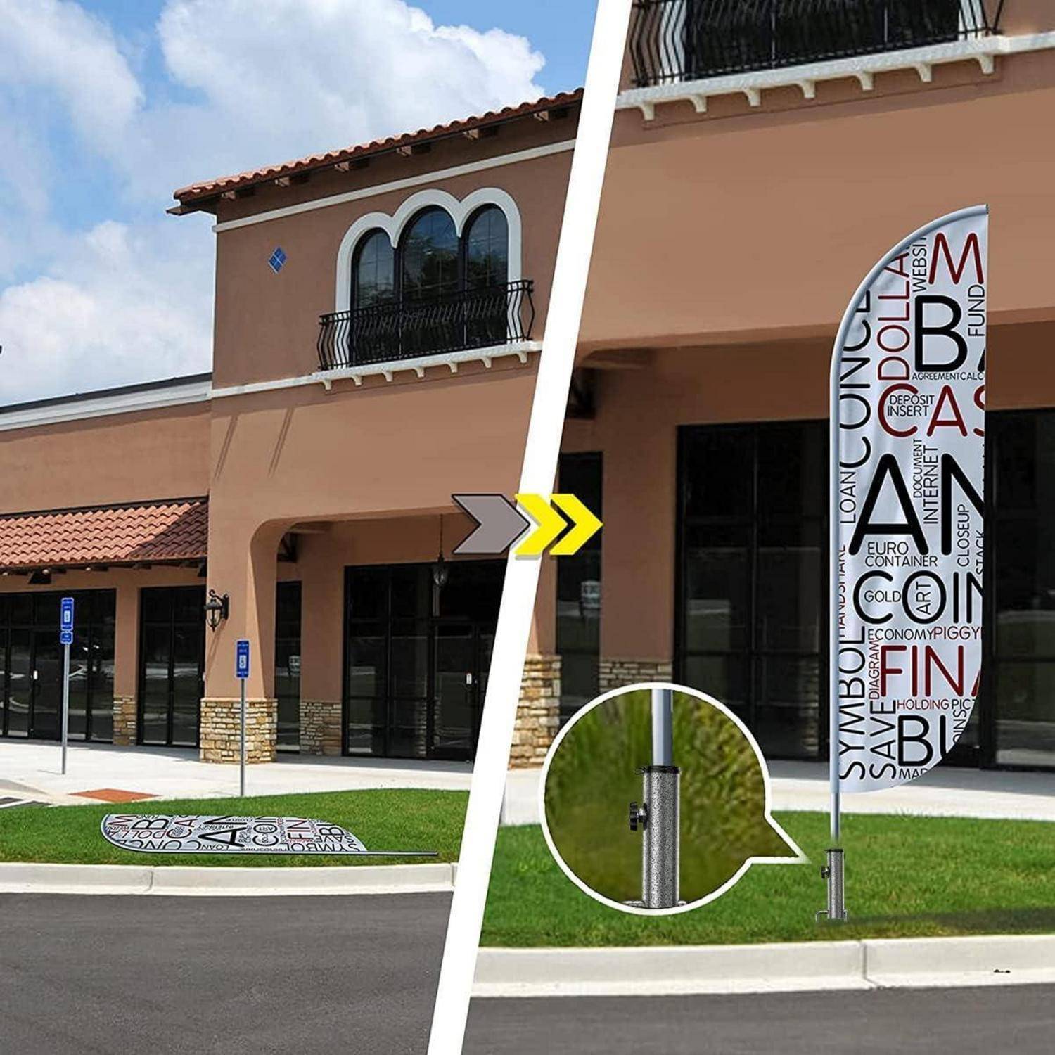 Werbeflagge vor einem Gebäude. Nahaufnahme zeigt robuste Metallstangenkonstruktion. Der Hintergrund umfasst einen Parkplatz und blauen Himmel.