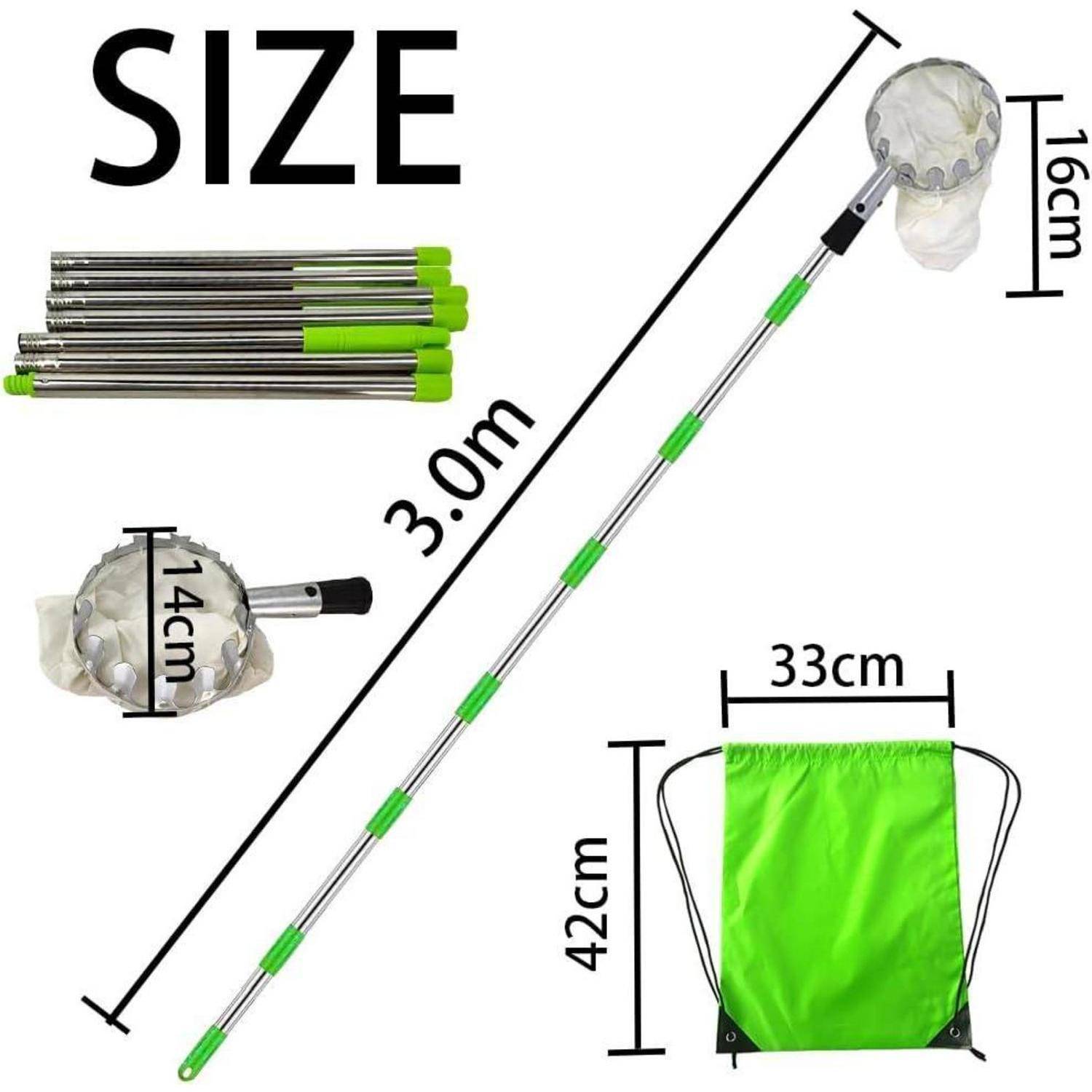 Angelnetze-Set, erweitert sich bis zu 3,0 m mit einem grünen Netzkopf von 16 cm Breite. Enthält zusammenklappbare Stangen und einen grünen Zugbeutel, 33 cm breit und 42 cm hoch.