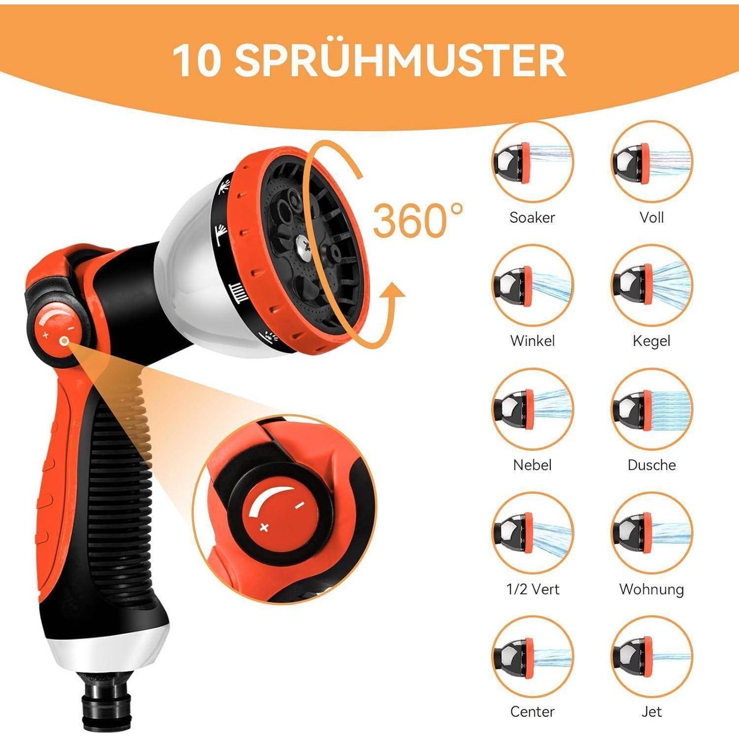 10 Sprühmuster' verstellbare Schlauchdüse mit verschiedenen Sprüheinstellungen illustriert: Einweichen, Voll, Winkel, Kegel, Nebel, Dusche, 1/2 Vertikal, Flach, Mitte, Strahl.
