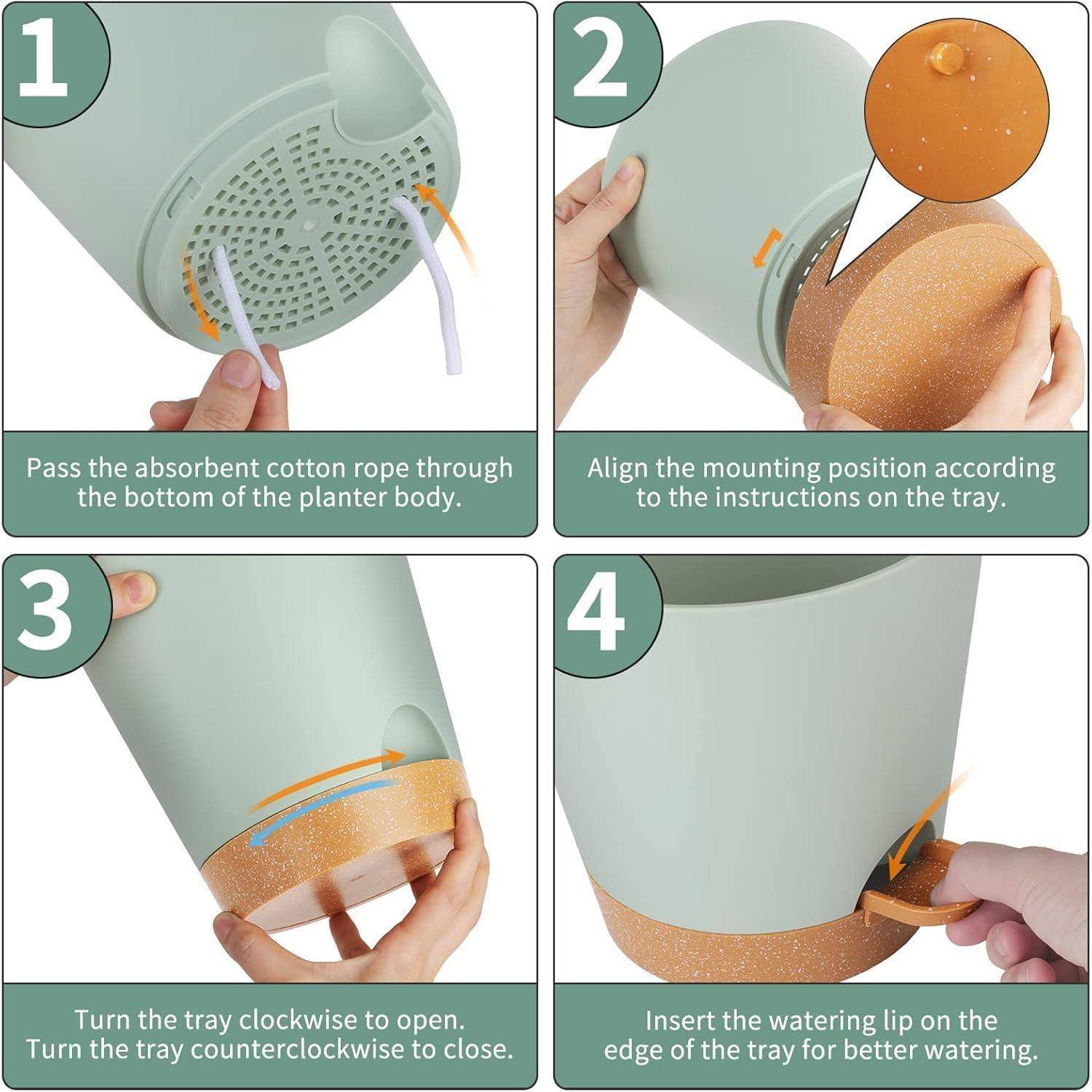 Vierschrittanleitung zur Einrichtung: 1. Saugseil in den Pflanzerboden einführen. 2. Tablett ausrichten. 3. Tablett im Uhrzeigersinn drehen, um zu öffnen. 4. Wassereinfüllöffnung einsetzen.
