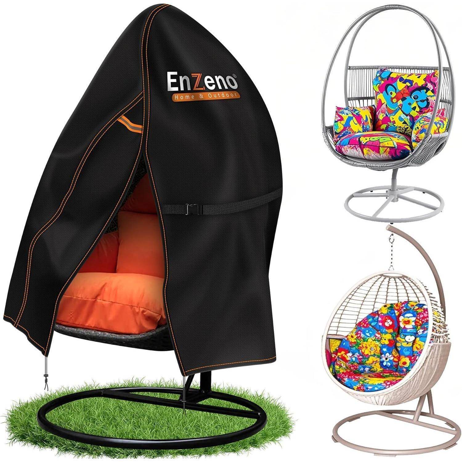 Drei eiförmige Stühle werden gezeigt. Der linke Stuhl ist mit einer schwarzen Schutzabdeckung versehen, auf der 'EnZeno' steht. Die beiden anderen Stühle sind offen und verfügen über farbenfrohe Kissen mit abstrakten Mustern.