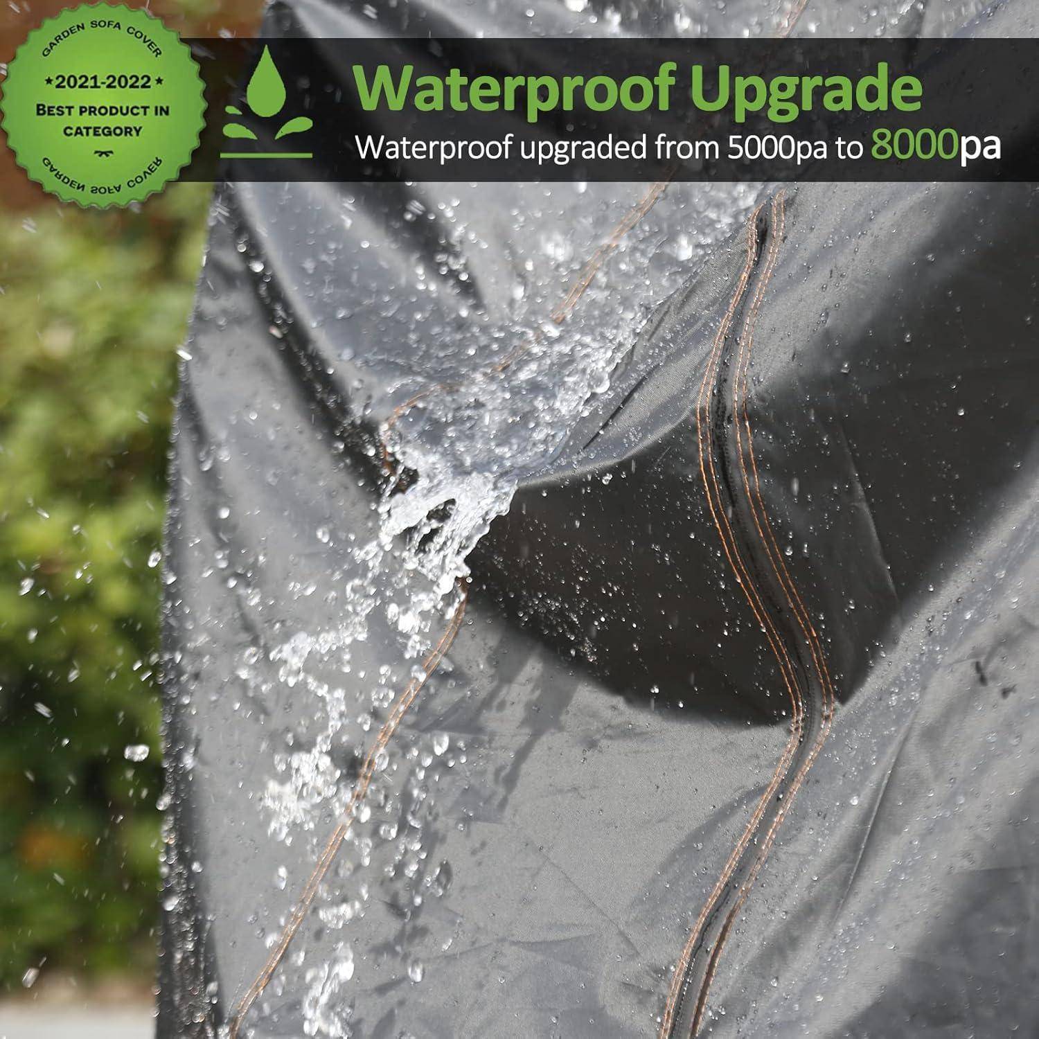 Grauer wasserdichter Plane mit ablaufendem Wasser, mit der Beschriftung 