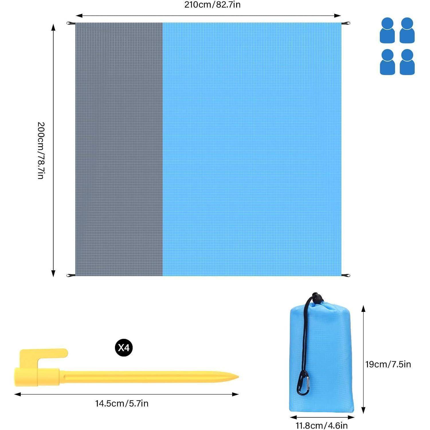 Zweitonige Matte mit den Maßen 210x200 cm, gezeigt mit vier gelben Pflöcken, jeweils 14,5 cm lang. Inklusive blauer Tragetasche, 19 cm hoch.