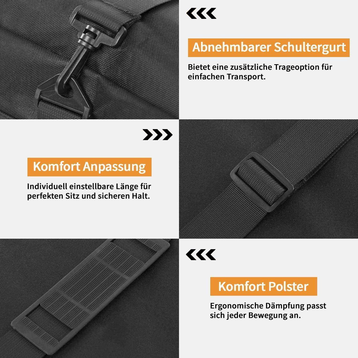 Ein Nahaufnahme einer Tasche mit drei Etiketten: 'Abnehmbarer Schultergurt' beschreibt einen abnehmbaren Riemen für einfachen Transport, 'Komfort Anpassung' weist auf eine anpassbare Passform für perfekten Sitz hin, und 'Ergonomische Dämpfung' betont die ergonomische Polsterung für Komfort.