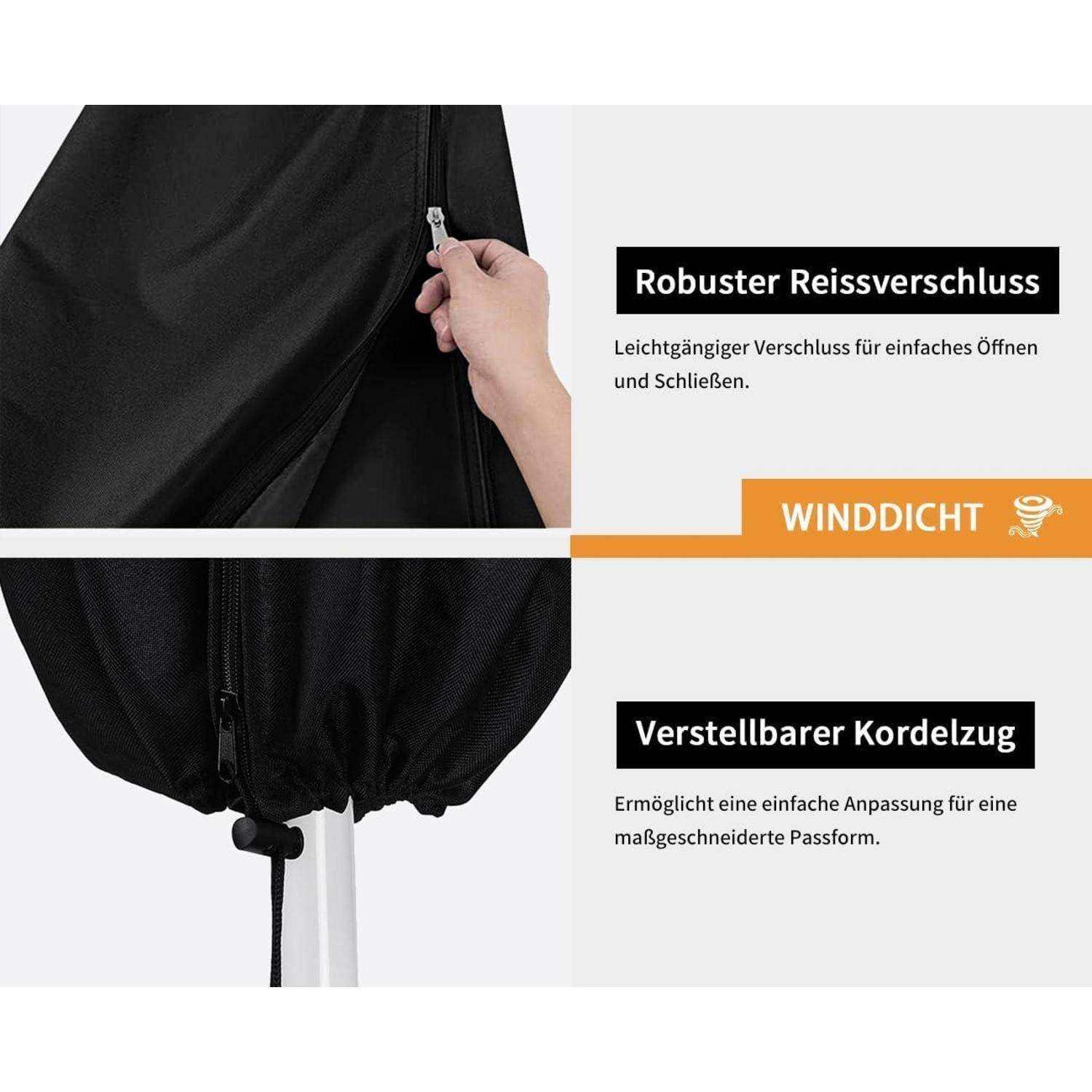 Eine Hand reißt einen schwarzen Bezug auf einer hohen Struktur zu. Text liest sich: 'Robuster Reißverschluss' und 'Verstellbarer Kordelzug'.