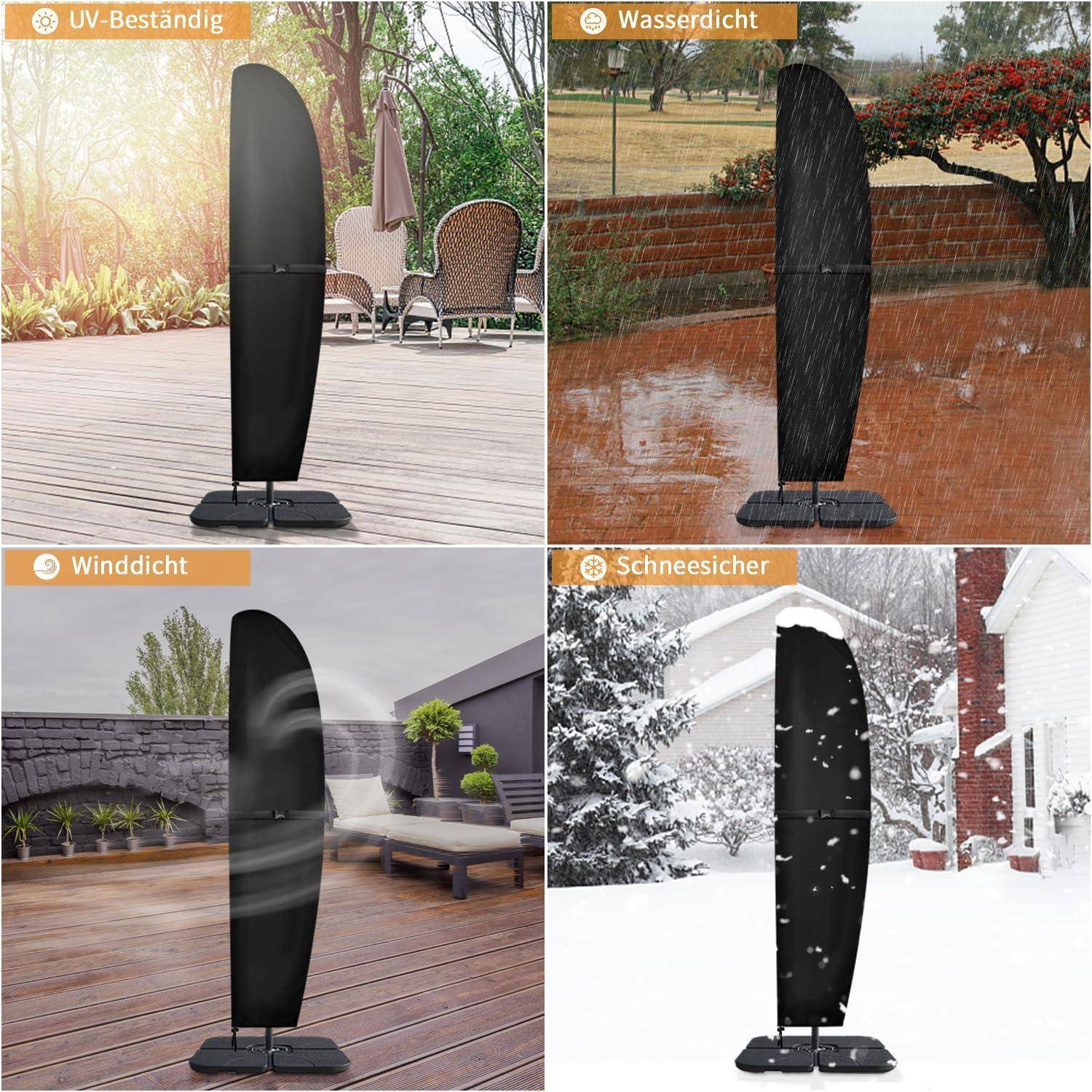 Das Bild zeigt vier Feather Flags unter verschiedenen Wetterbedingungen: Sonnenlicht, Regen, Wind und Schnee, gekennzeichnet mit 'UV-beständig', 'Wasserdicht', 'Winddicht' und 'Schneesicher'.