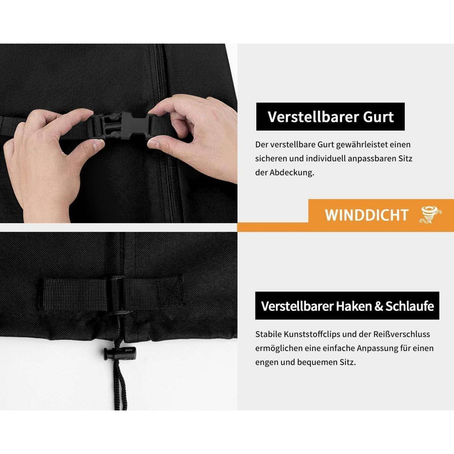 Zwei Hände justieren eine Schnalle an einem schwarzen verstellbaren Riemen für eine sichere Passform. Text auf Deutsch hebt seine winddichte Eigenschaft und stabilen Haken hervor.