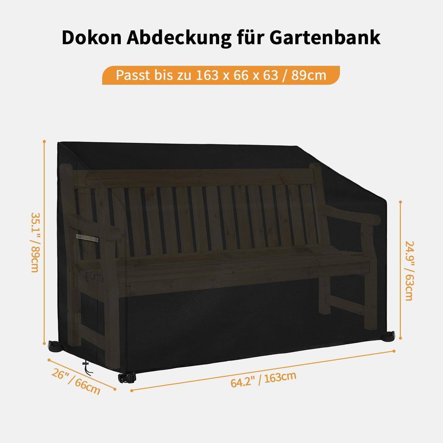Abdeckung für Gartenbank, passend für Bänke bis zu 163 x 66 x 63/89 cm. Abbildung zeigt Maße und Passform über einer Holzbank.