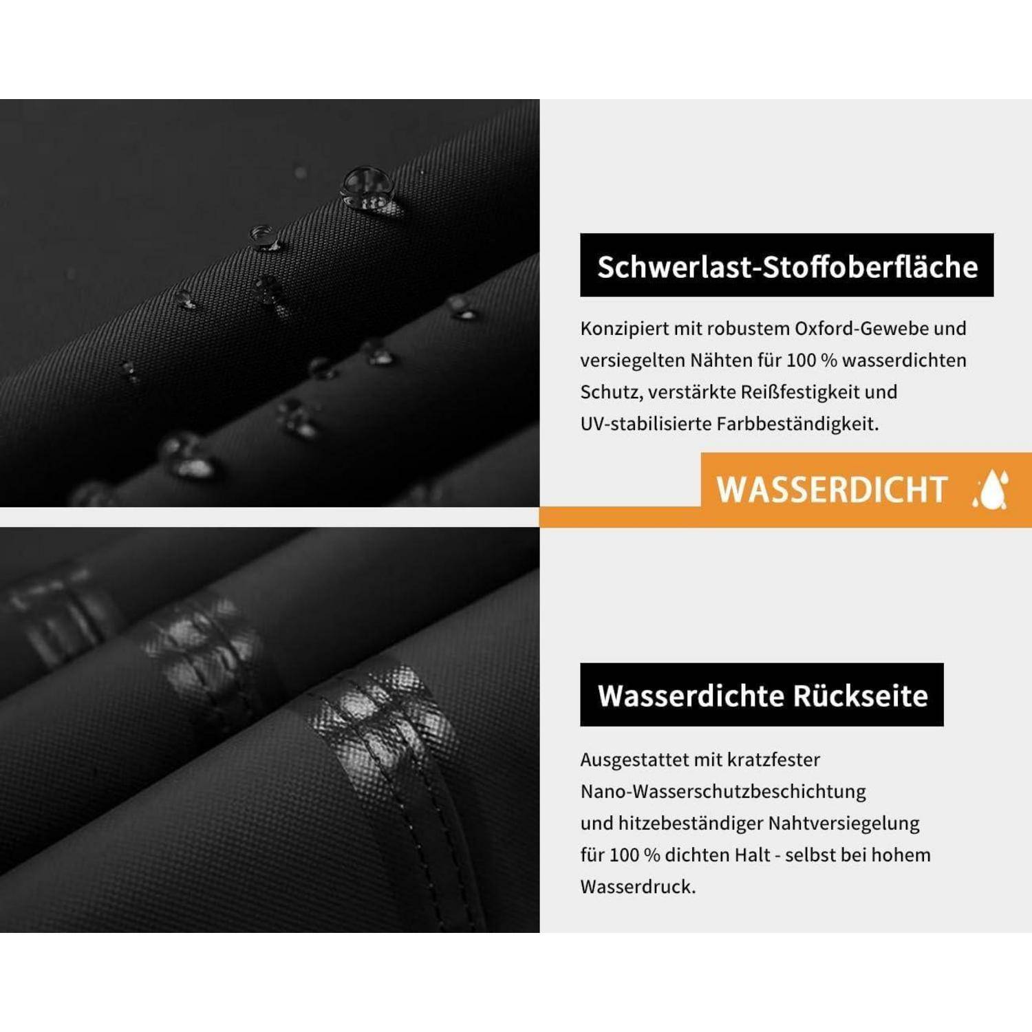 Das Bild zeigt Stoffdetails, die mit 'Schwerlast-Stoffoberfläche' und 'Wasserdichte Rückseite' gekennzeichnet sind und die Wasserbeständigkeit hervorheben.