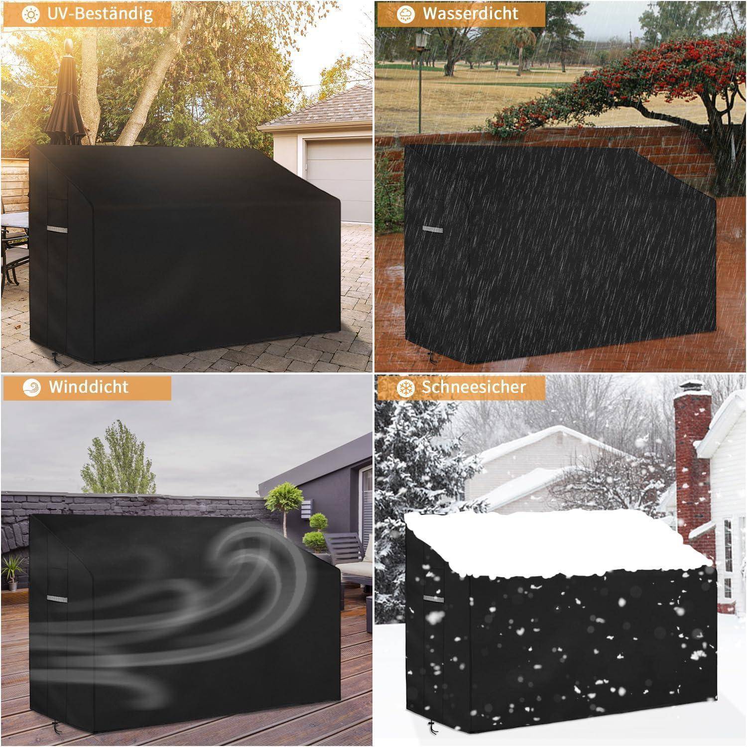 Das Bild zeigt eine Grillabdeckung, die auf Haltbarkeit unter verschiedenen Wetterbedingungen getestet wurde: UV-beständig, wasserdicht, windbeständig und schneefest.