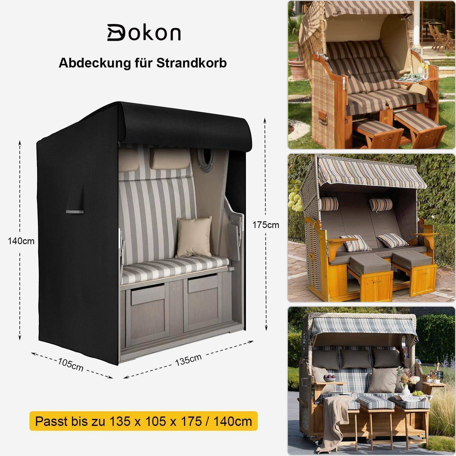Eine Abdeckung für einen Liegestuhl, in Schwarz dargestellt, zum Schutz vor Witterung. Drei Beispiele von abgedeckten Stühlen zeigen verschiedene Streifenmuster.