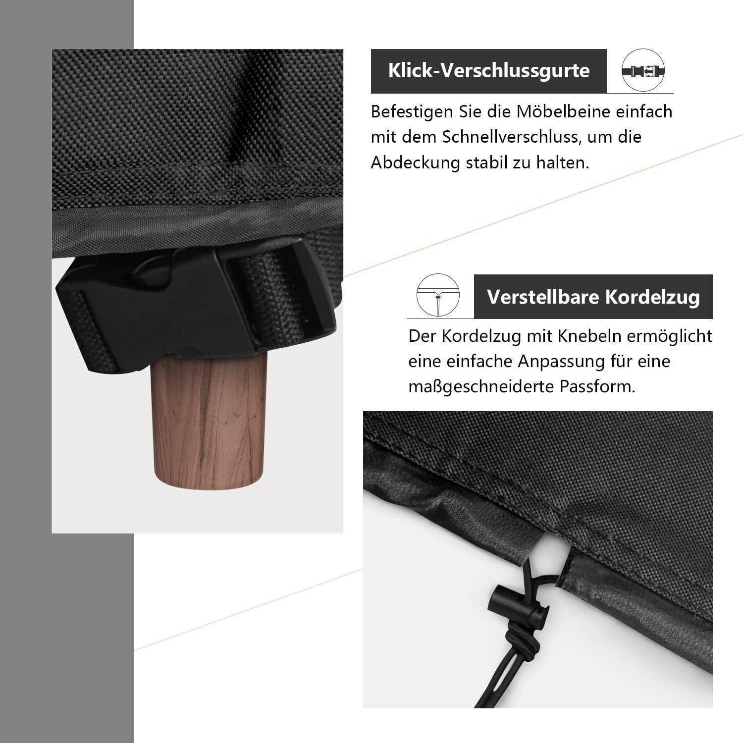 Klick-Verschlussgurte': Sichert Möbelbezüge schnell mit einem Schnappverschluss. 'Verstellbare Kordelzug': Verstellbare Zugschnur für individuelle Passform.
