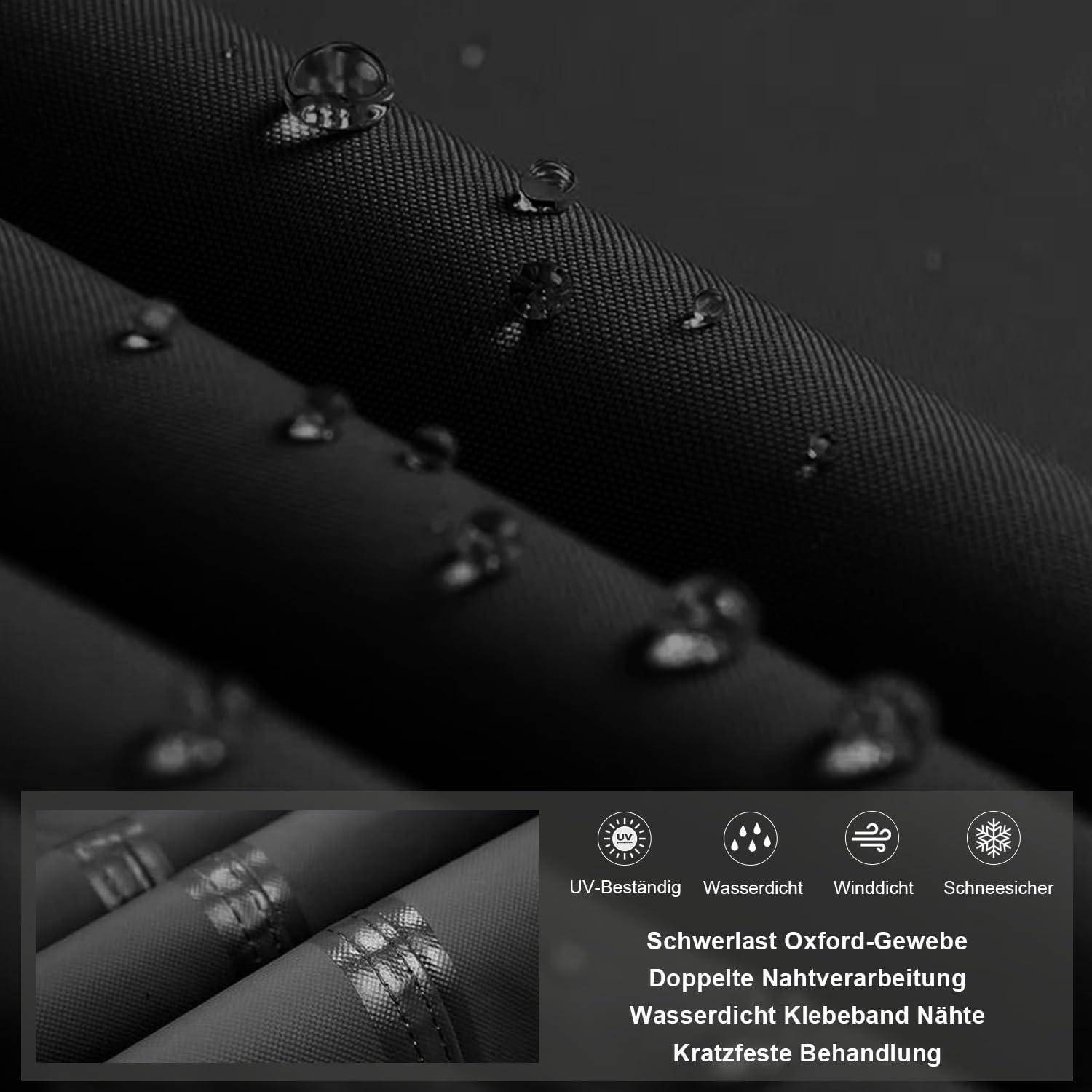 Dunkler, robuster Oxford-Stoff mit Wassertropfen, gekennzeichnet als UV-beständig, wasserdicht, winddicht und schneesicher.