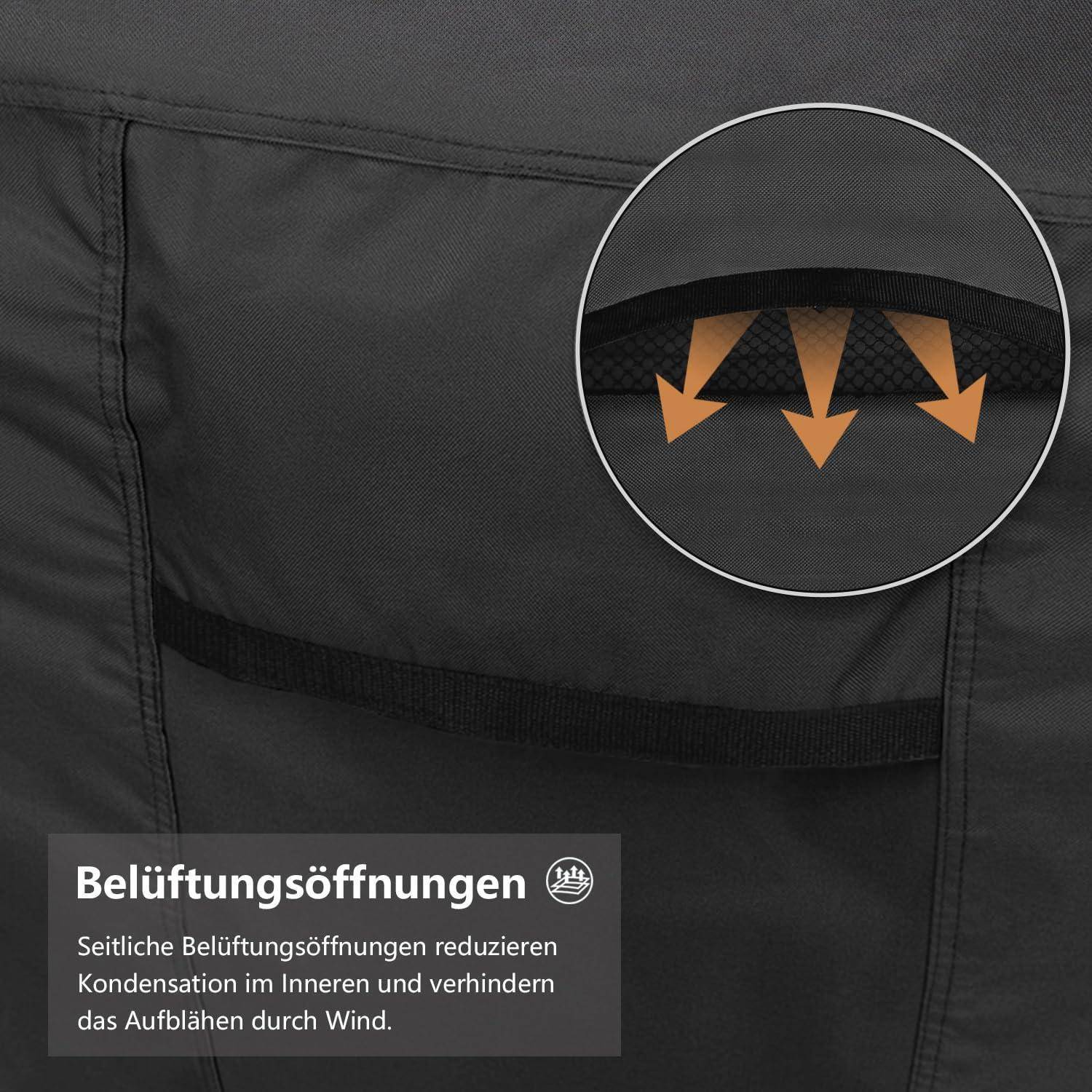 Belüftungsöffnungen reduzieren Kondensation im Inneren und verhindern das Aufblähen durch Wind.
