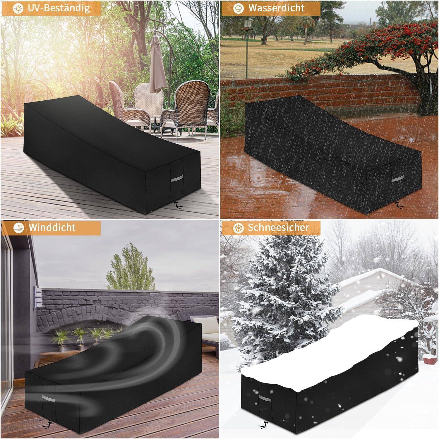 Vier Bilder zeigen eine schwarze Terrassenmöbel-Abdeckung und demonstrieren ihre Haltbarkeit: UV-beständig unter Sonnenlicht, wasserdicht bei Regen, windbeständig bei starken Winden und schneesicher mit Schnee darauf.