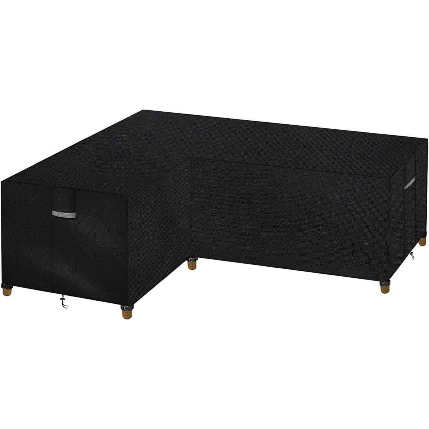 Schwarze L-förmige Outdoor-Möbelbezug mit Nähten und abgerundeten Füßen. Geeignet zum Schutz von Ecksofa-Möbeln vor Witterungselementen.