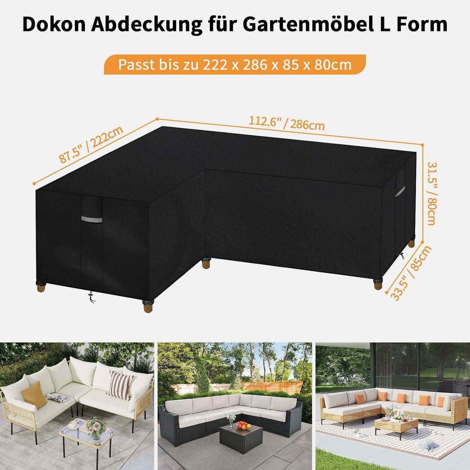Schwarze L-förmige Möbelbezug, passt für Flächen bis zu 222 x 286 x 80 cm. Darunter befinden sich Bilder von abgedeckten Outdoor-Sitzgruppen.